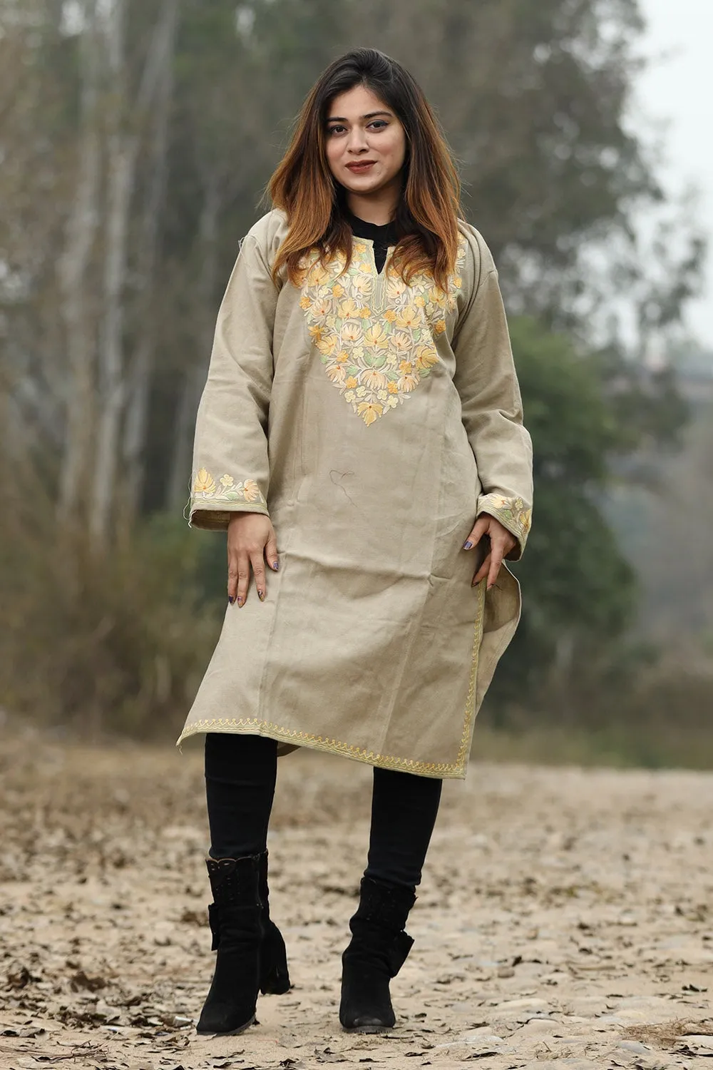 Beige Color Aari Work Embroidered Kurti With New Designer Floral Pattern