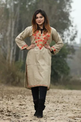 Beige Color Aari Work Embroidered Kurti With New Designer Floral Pattern