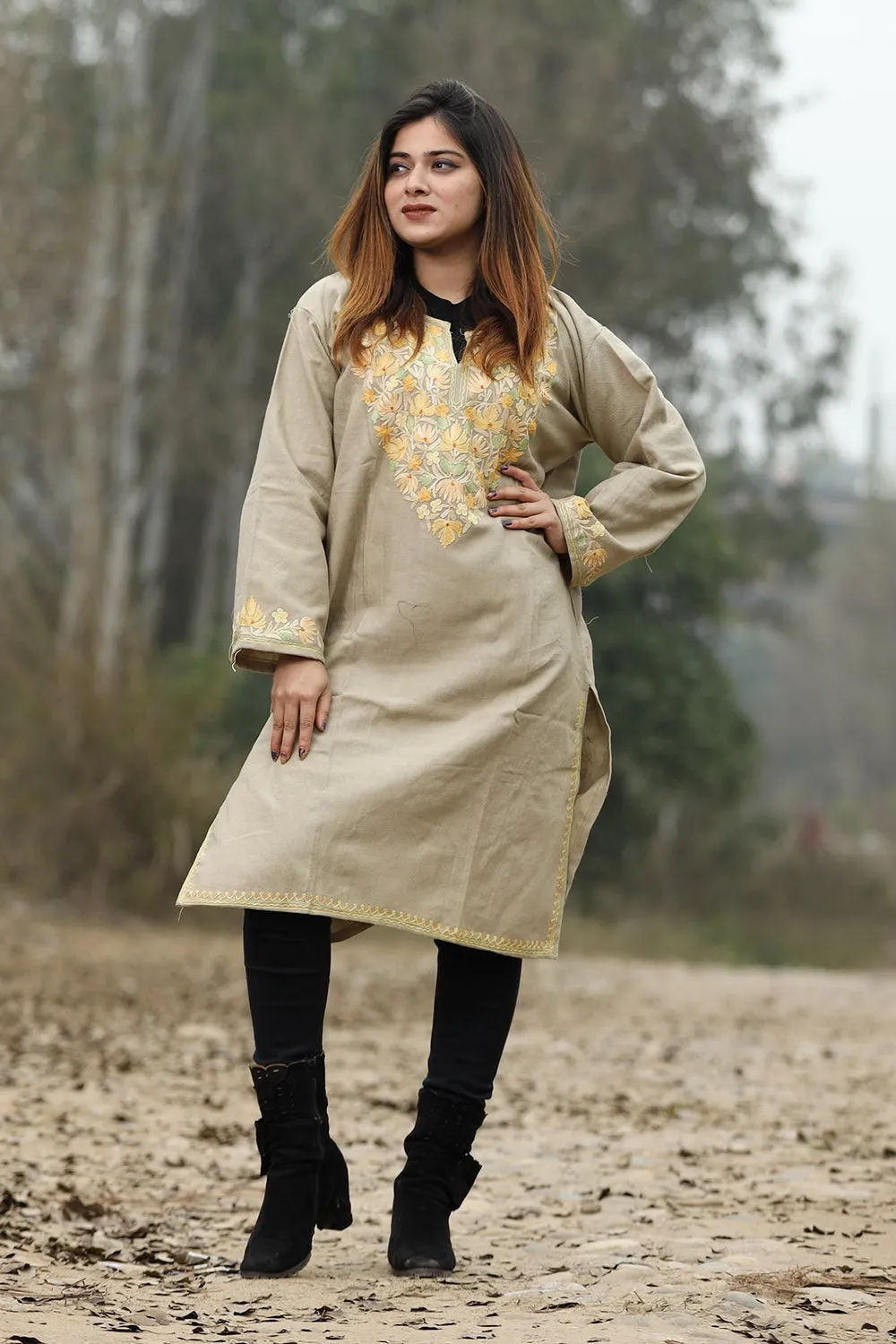 Beige Color Aari Work Embroidered Kurti With New Designer Floral Pattern