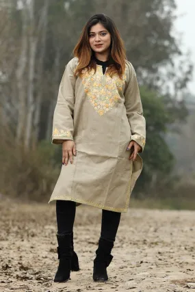 Beige Color Aari Work Embroidered Kurti With New Designer Floral Pattern