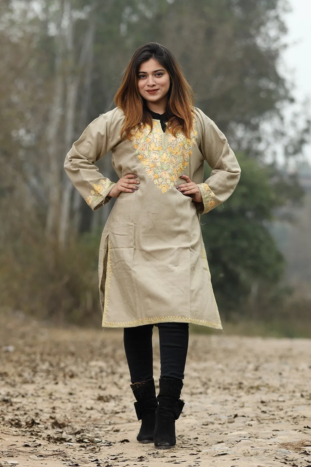 Beige Color Aari Work Embroidered Kurti With New Designer Floral Pattern
