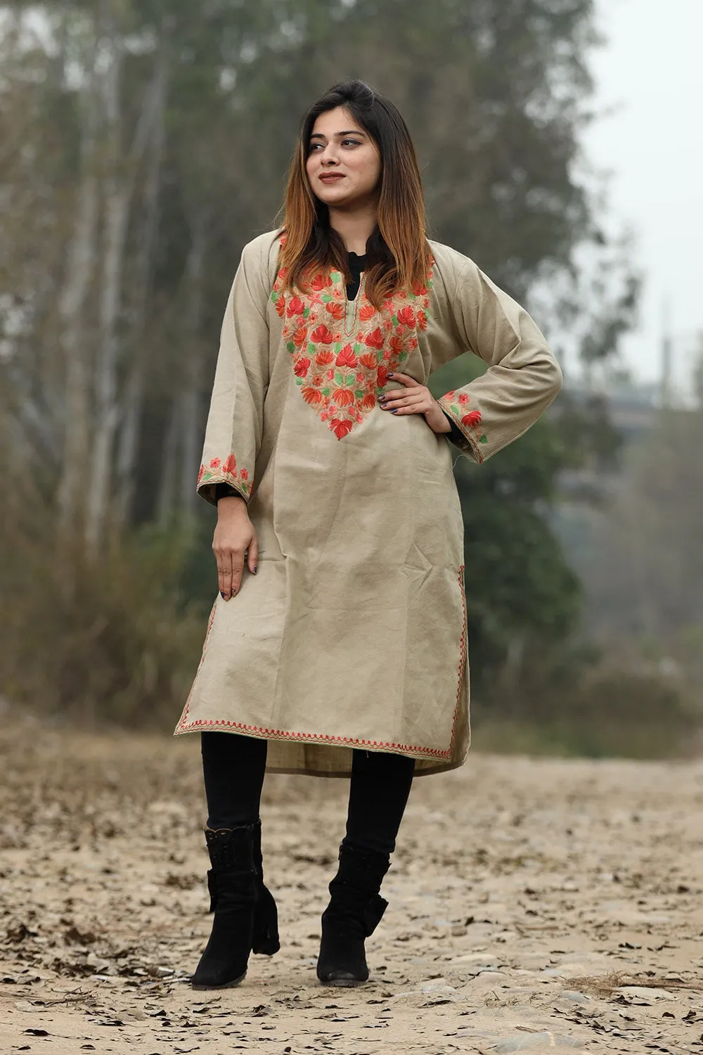 Beige Color Aari Work Embroidered Kurti With New Designer Floral Pattern