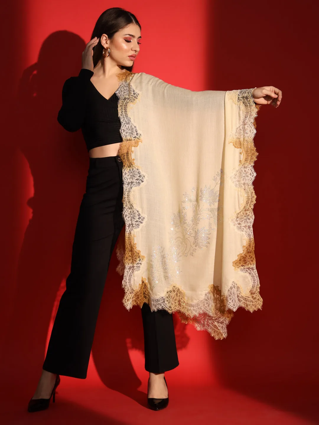 beige shawl with lace and swarovski-ladies kashmiri shawl