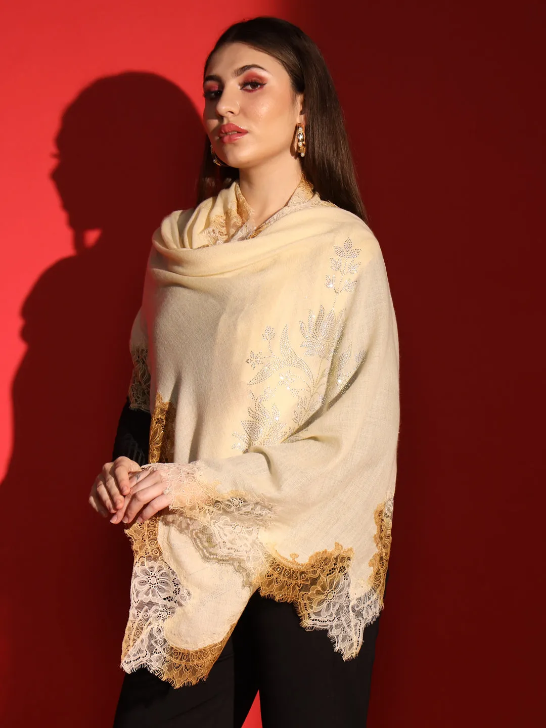 beige shawl with lace and swarovski-ladies kashmiri shawl