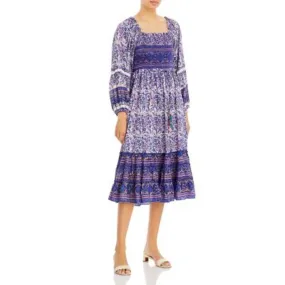 BELL Ladies Purple Floral Print Smocked Midi Dress, "Millie", Long Sleeve, M NWT