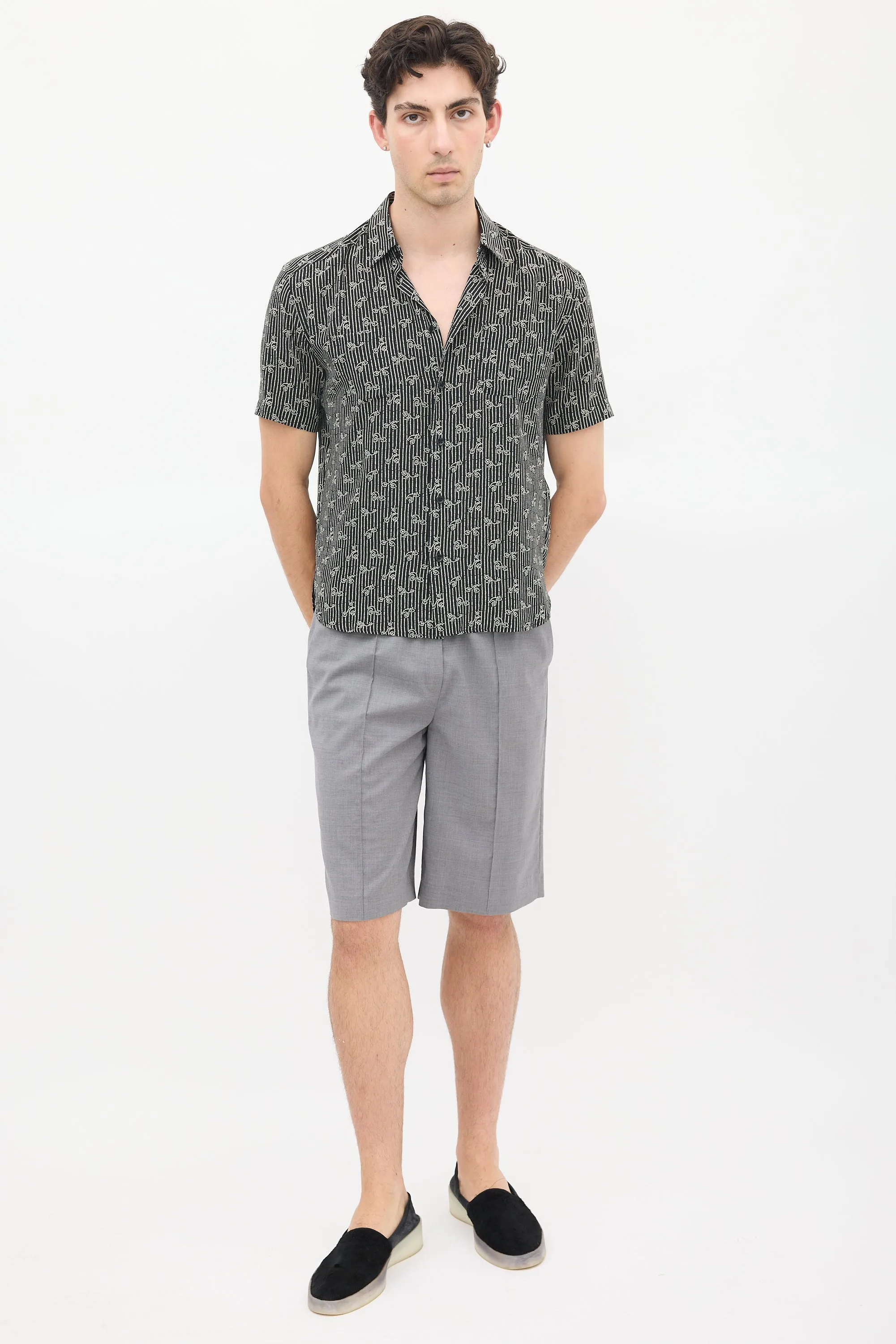Black & Grey Silk Dot Cherry Printed Shirt