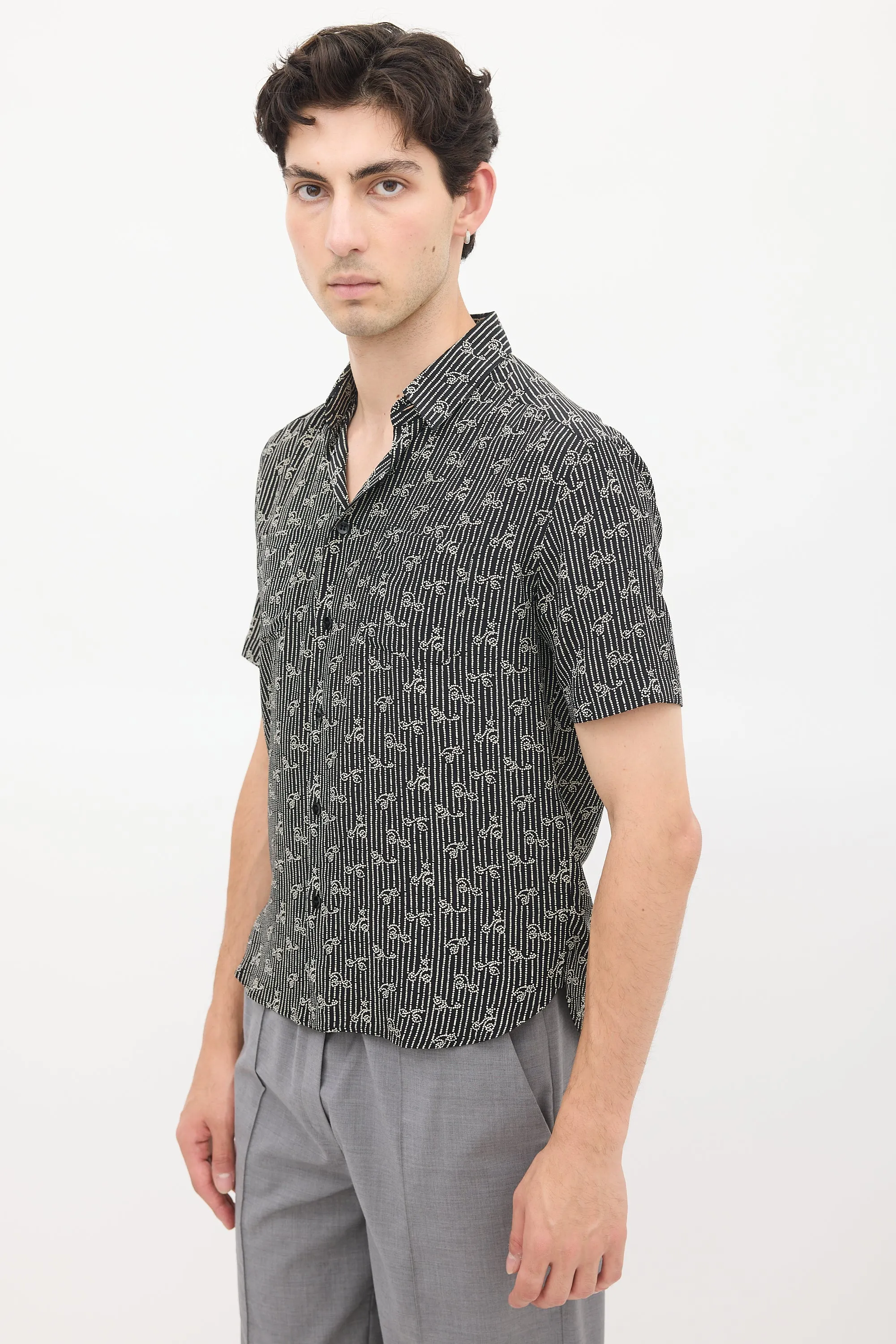 Black & Grey Silk Dot Cherry Printed Shirt