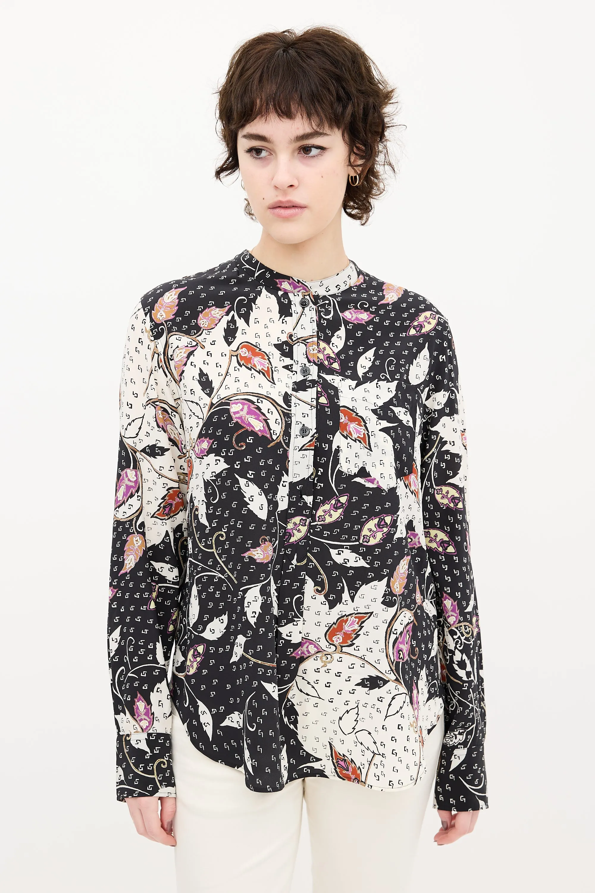 Black & Multi Silk Leaf Print Shirt