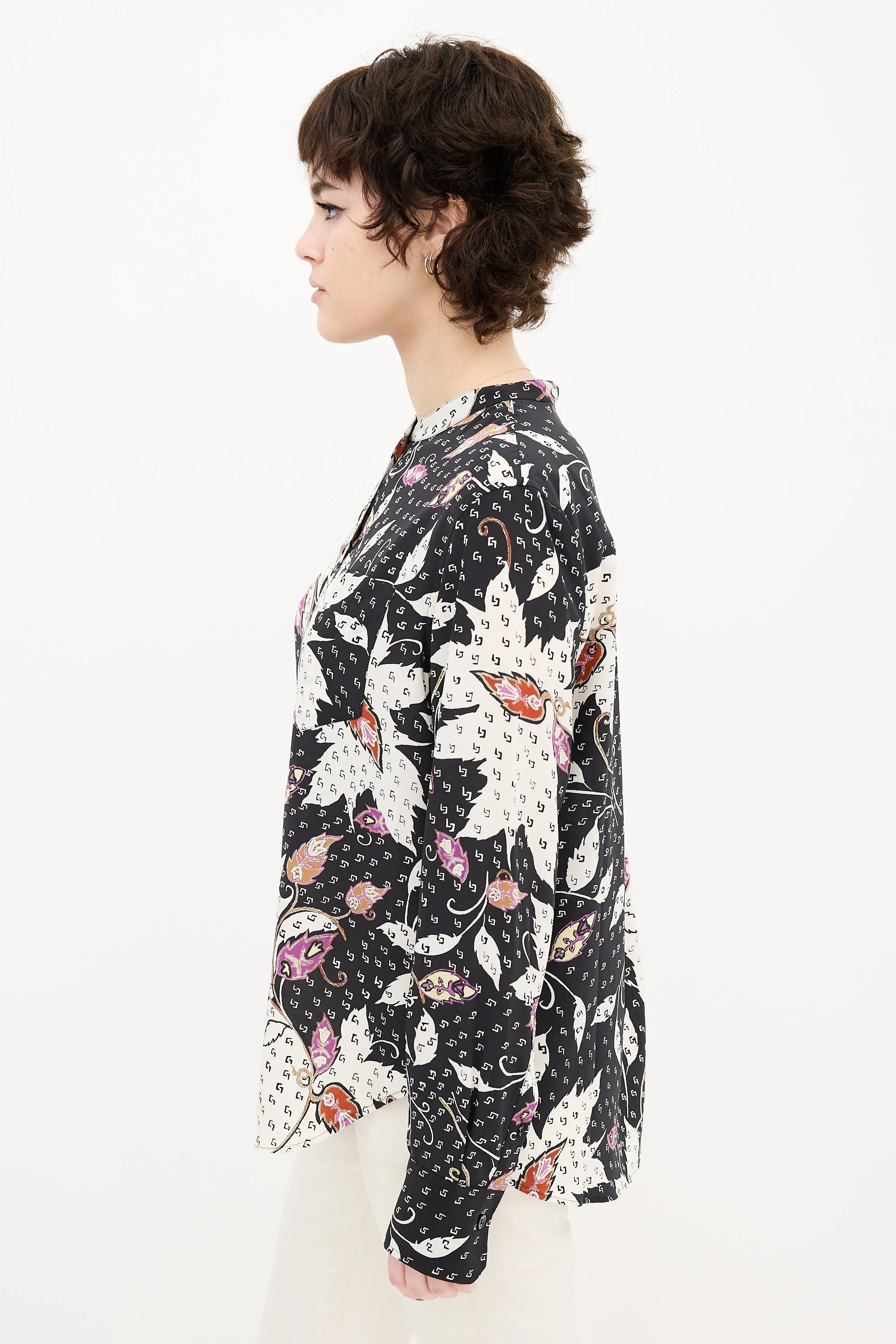 Black & Multi Silk Leaf Print Shirt