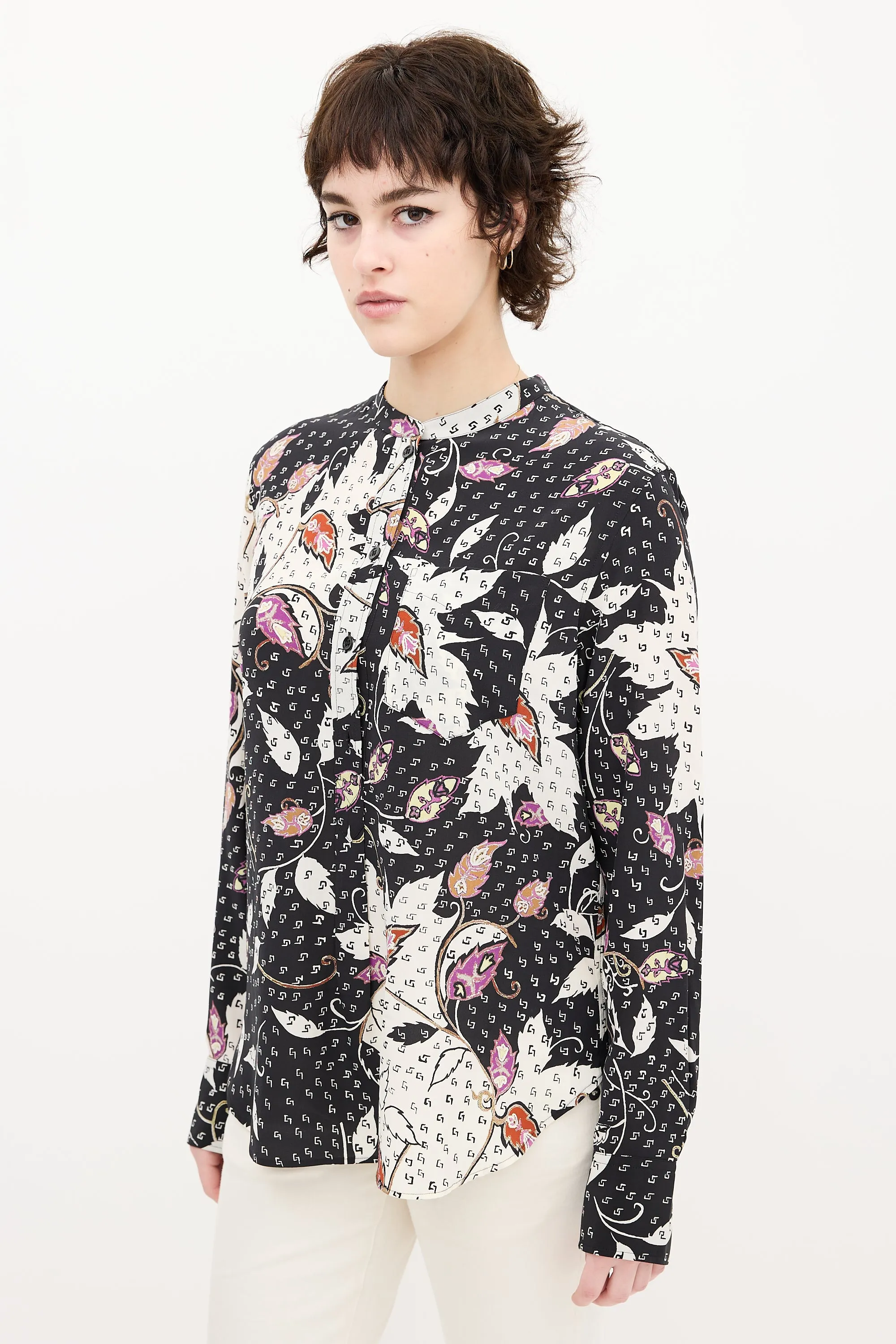 Black & Multi Silk Leaf Print Shirt
