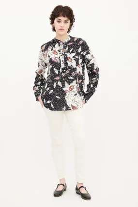 Black & Multi Silk Leaf Print Shirt