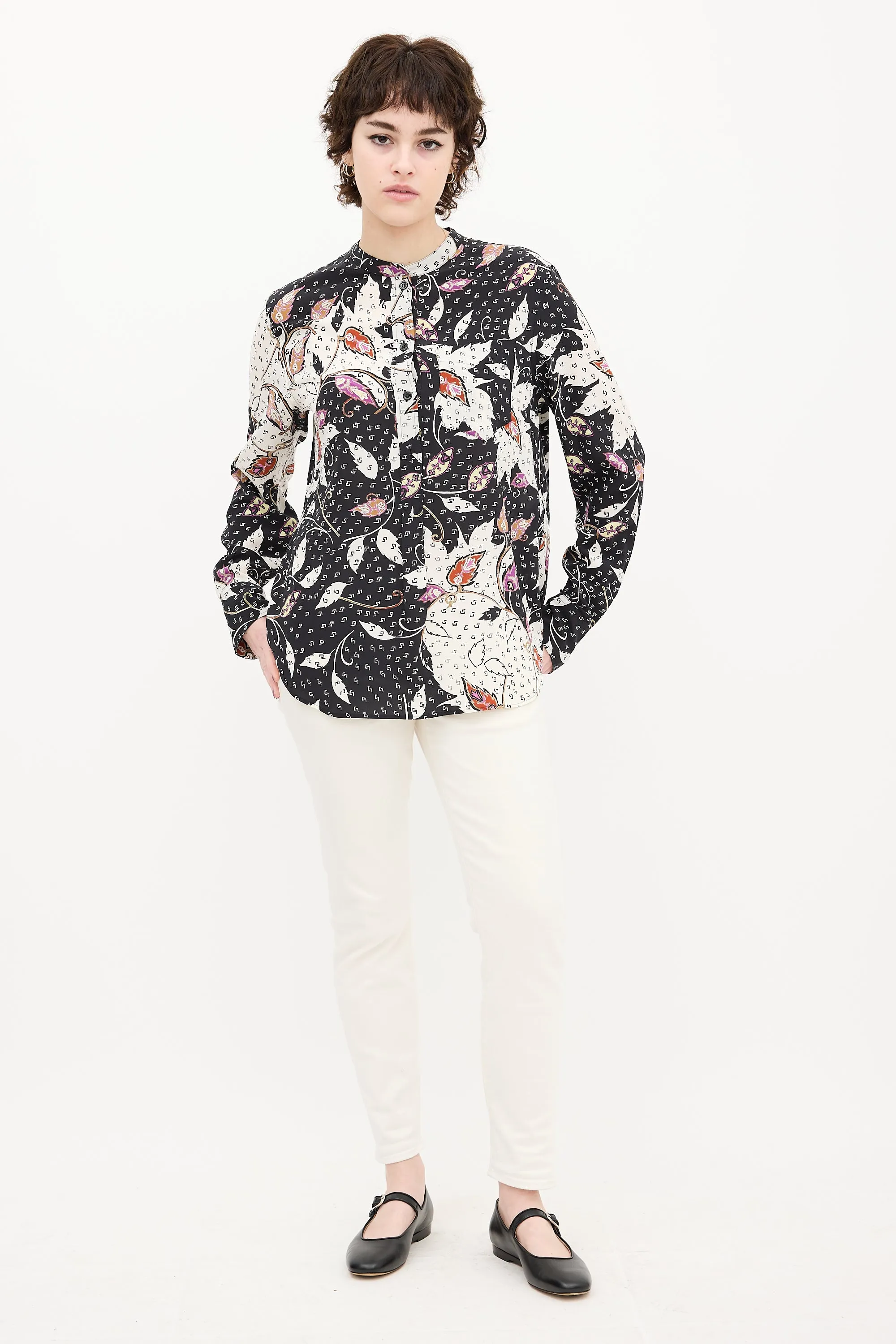 Black & Multi Silk Leaf Print Shirt