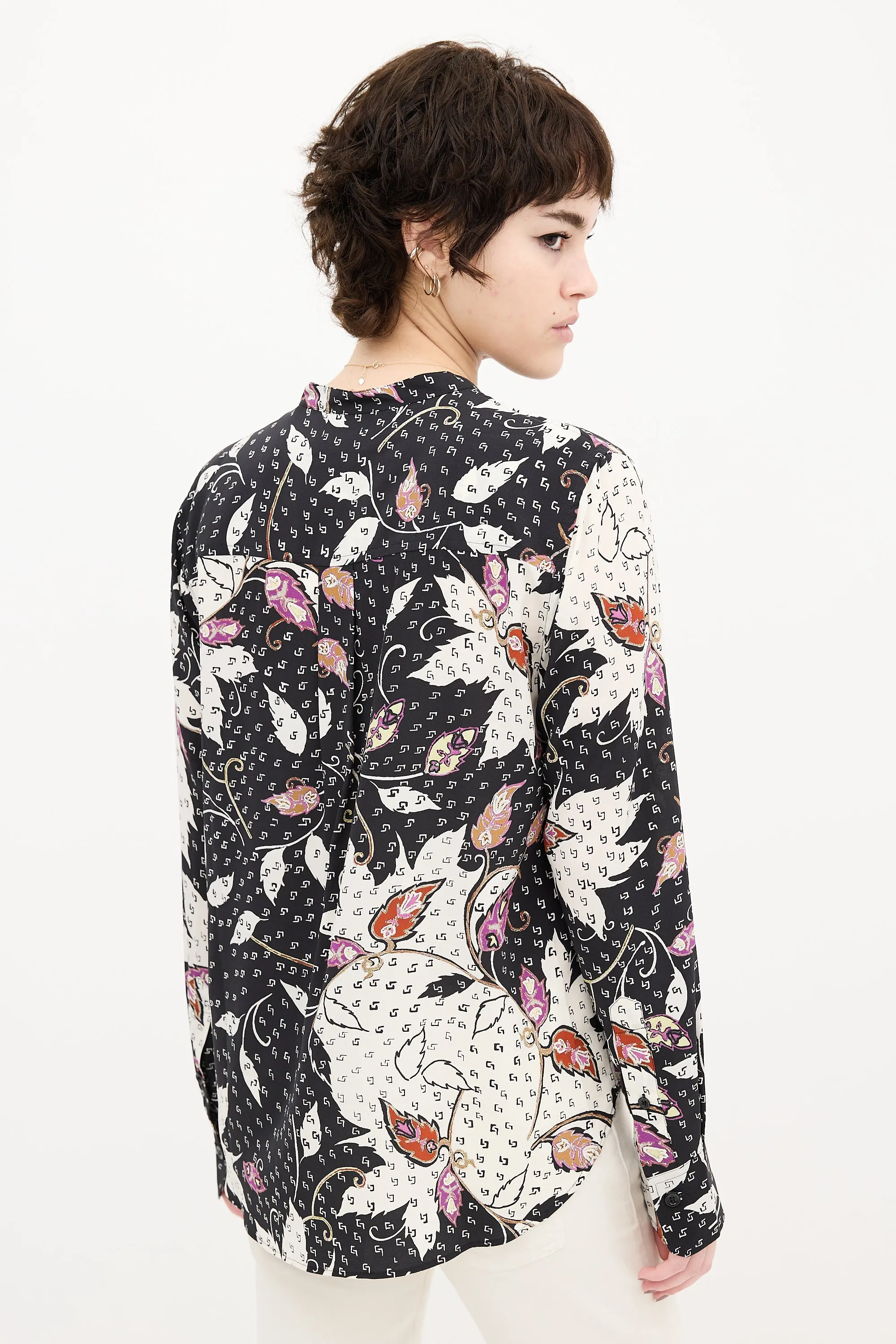 Black & Multi Silk Leaf Print Shirt
