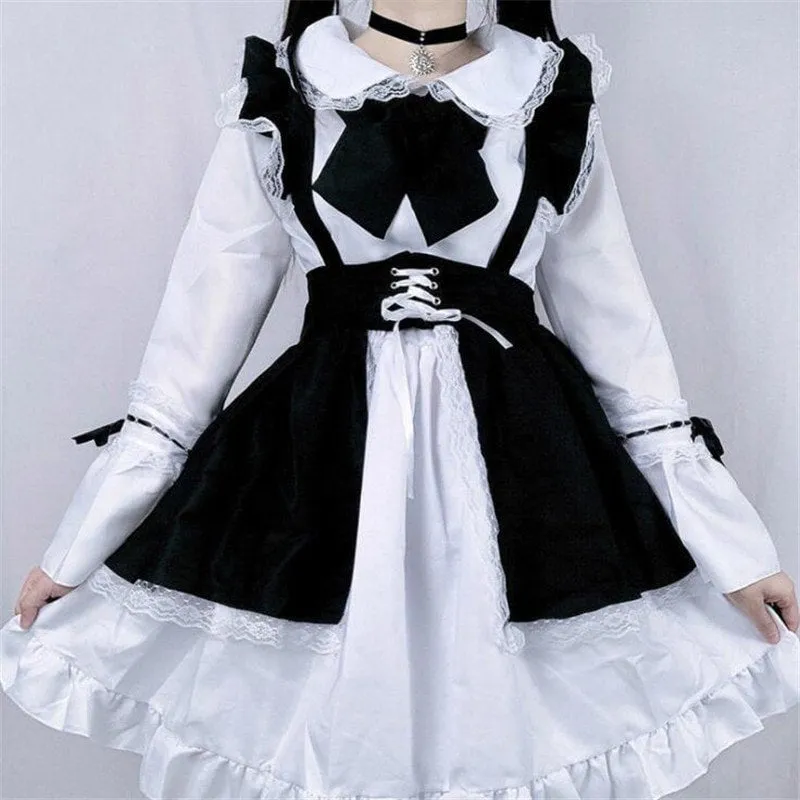 Black and White Unisex Bow Ruffle Maid Lolita Dress