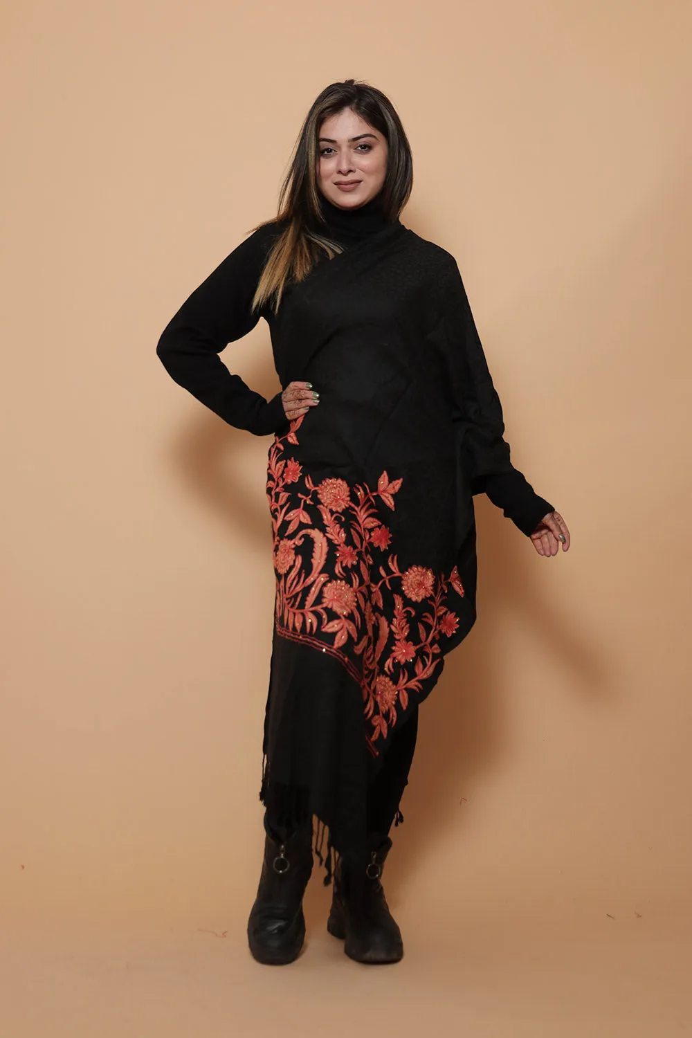 Black Colour Aari Work  Embroidered Stole Embellished With Swarovski Work .
