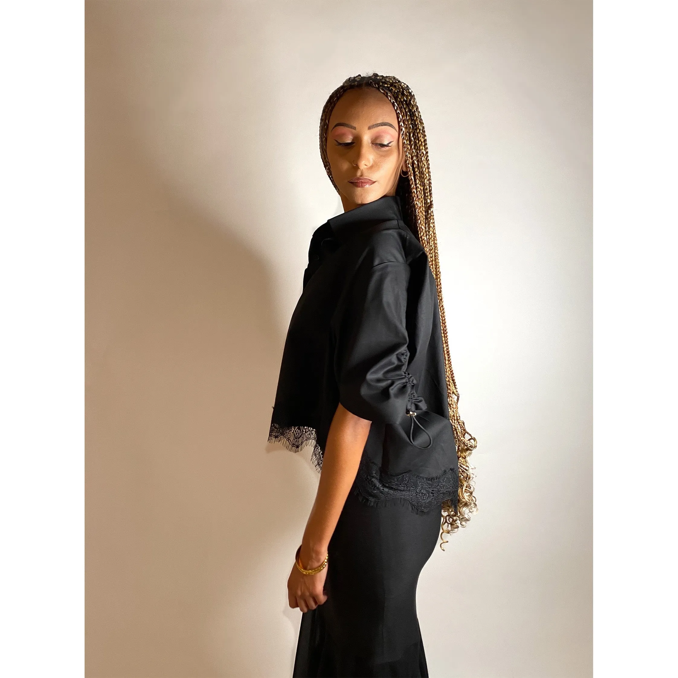 Black  Cotton Bubble Back with Lace Detail Shirt