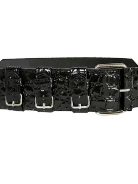 Black Crocodile Textured Belt With Faux Buckle Detail