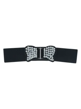 Black Elastic Waist Belt With Silver Beaded Butterfly Size Medium/Large
