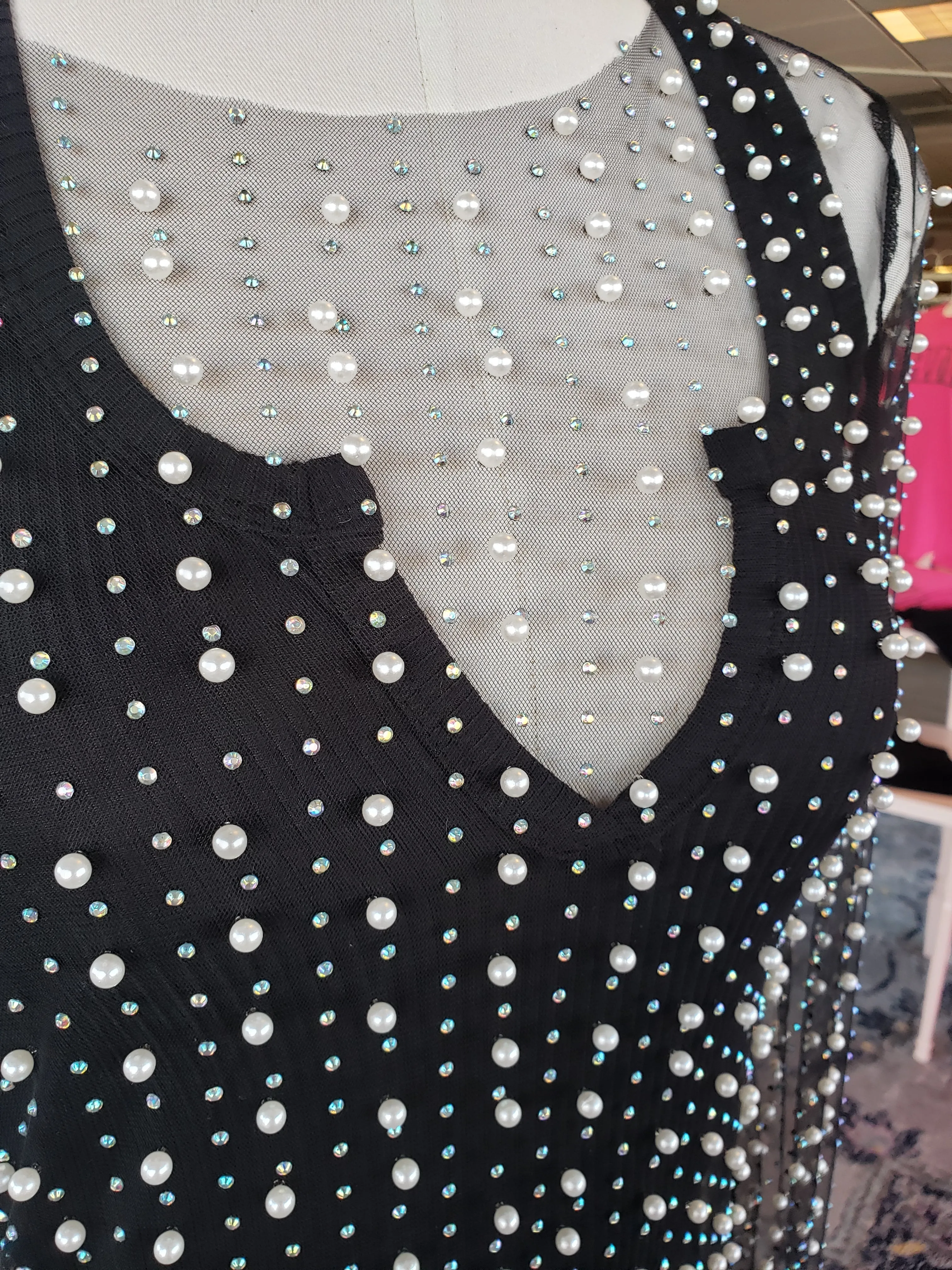 Black Pearl Rhinestone Long Sleeve Mesh Dress