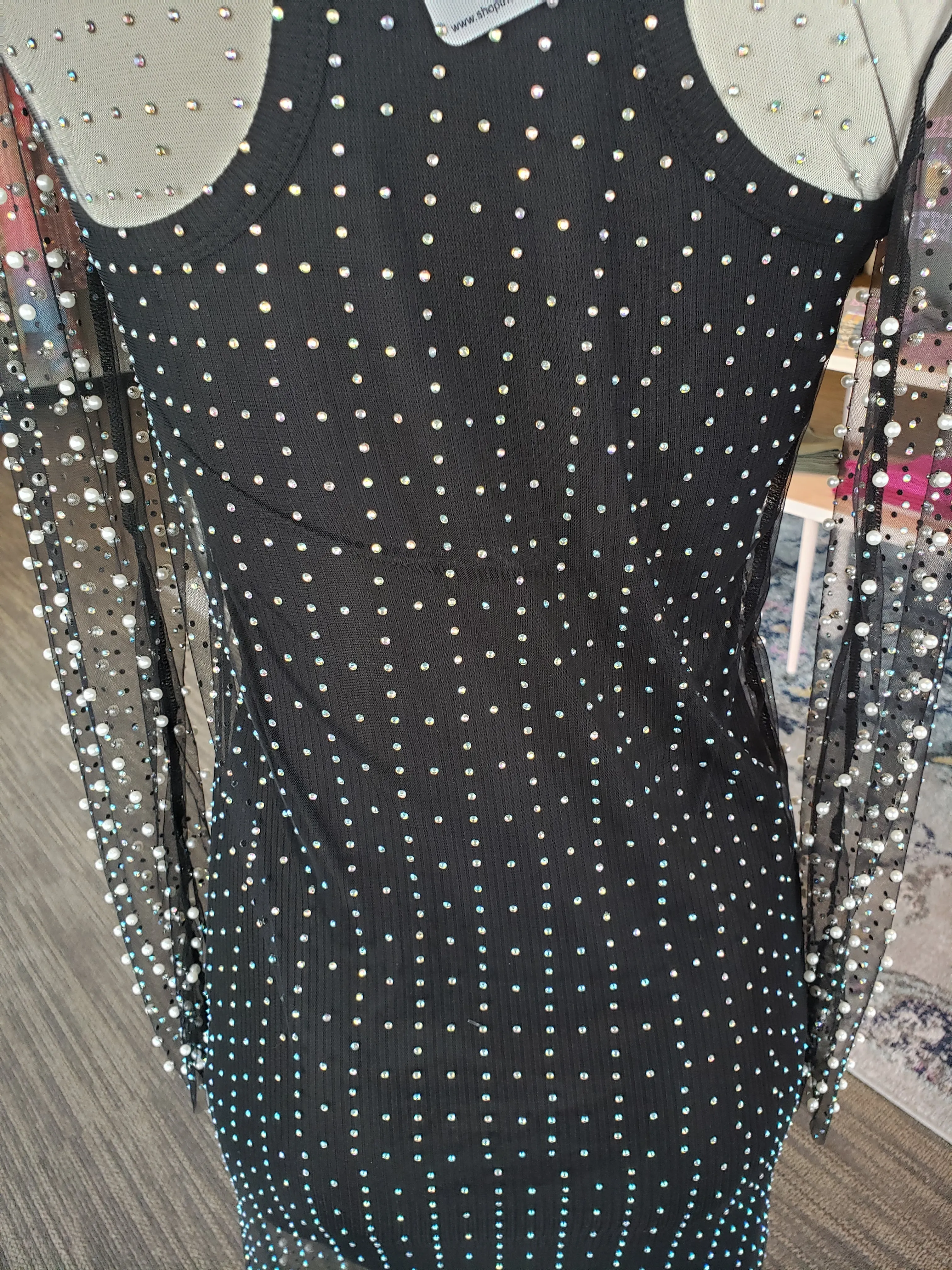 Black Pearl Rhinestone Long Sleeve Mesh Dress