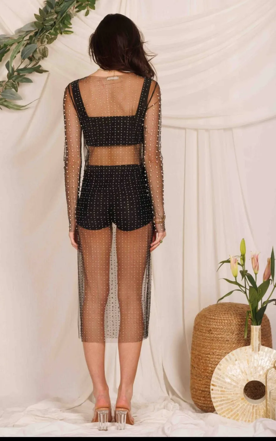 Black Pearl Rhinestone Long Sleeve Mesh Dress