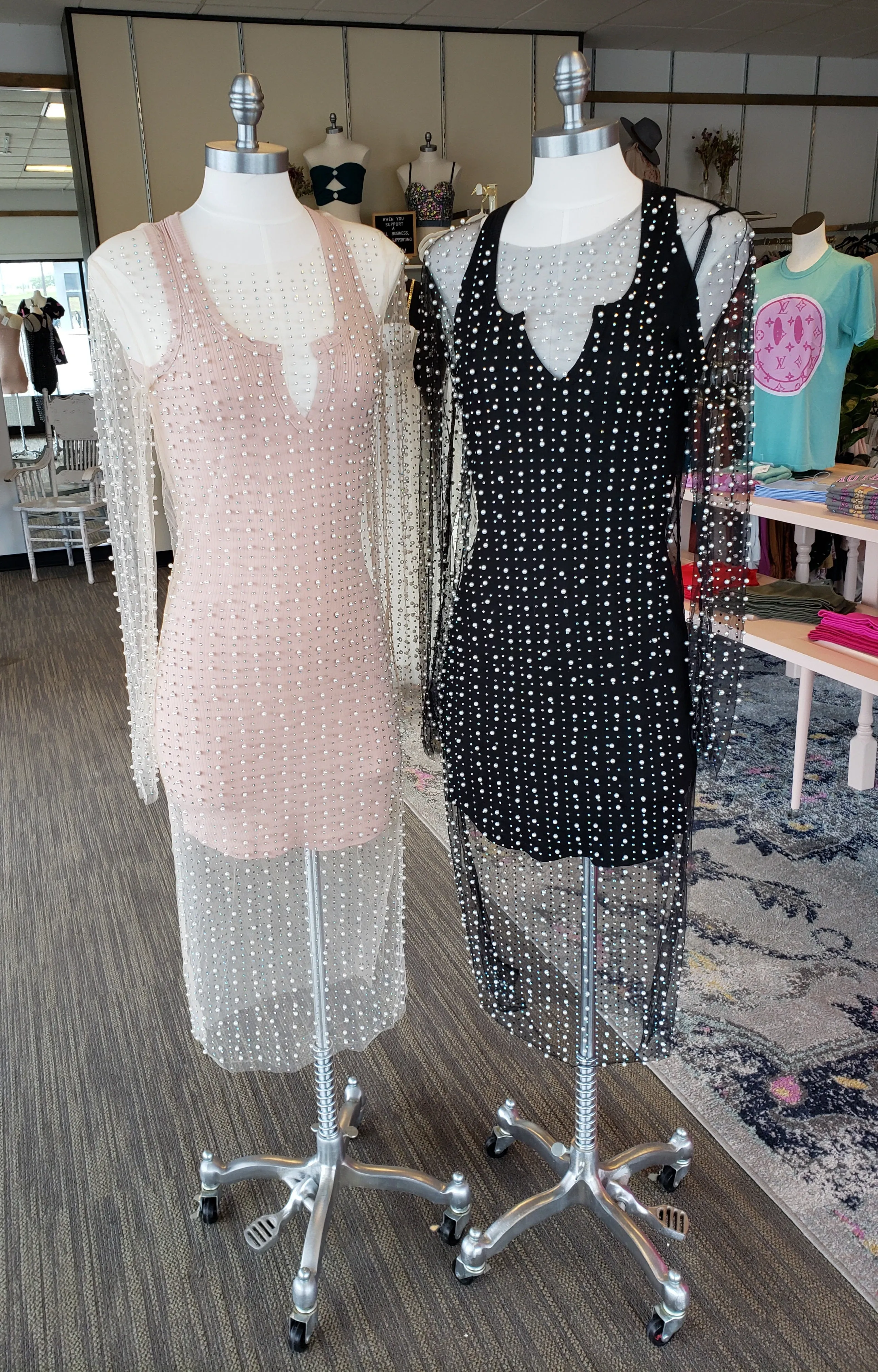Black Pearl Rhinestone Long Sleeve Mesh Dress