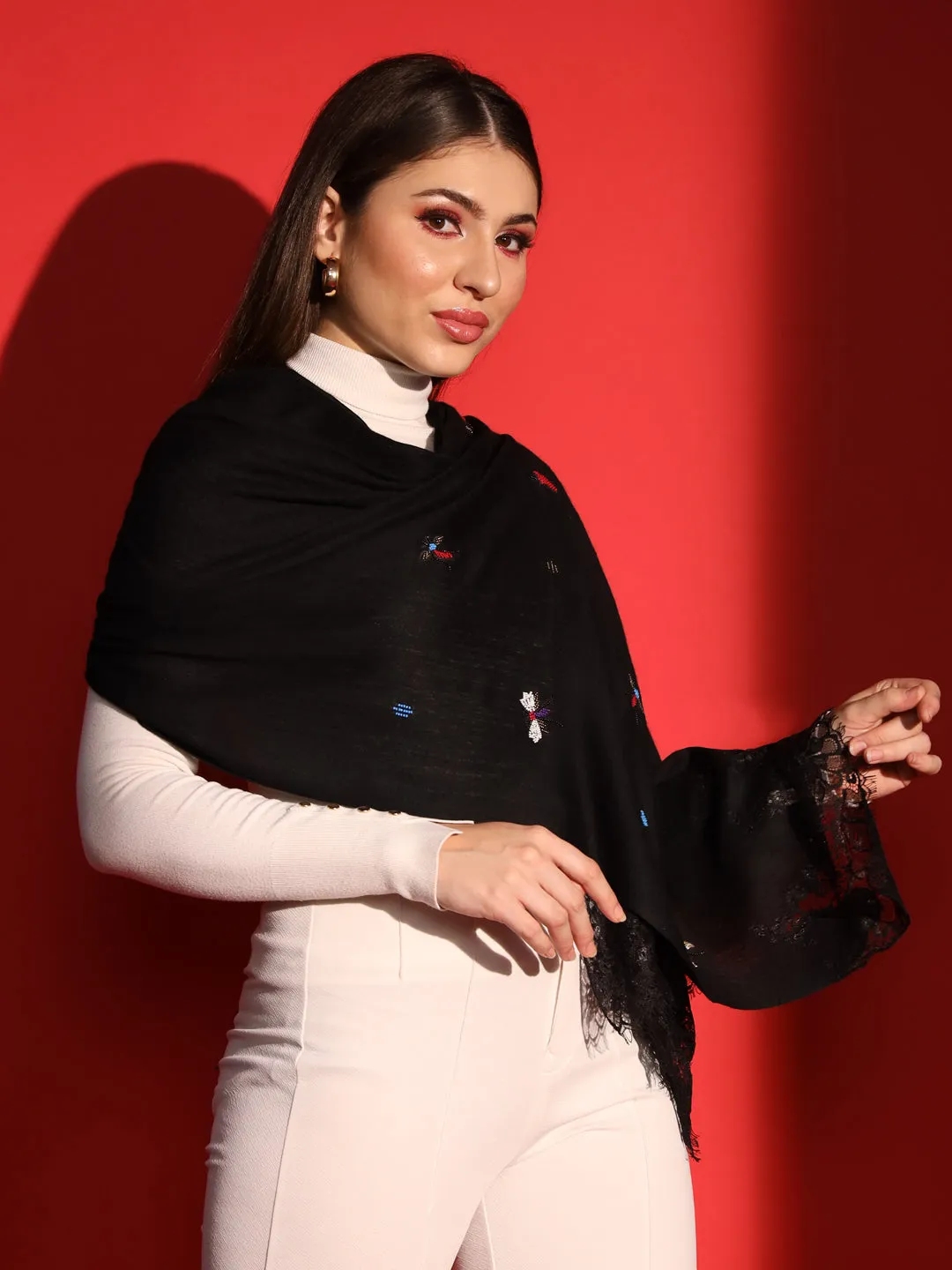 Black Shawl with butterfly hand embroidery and lace