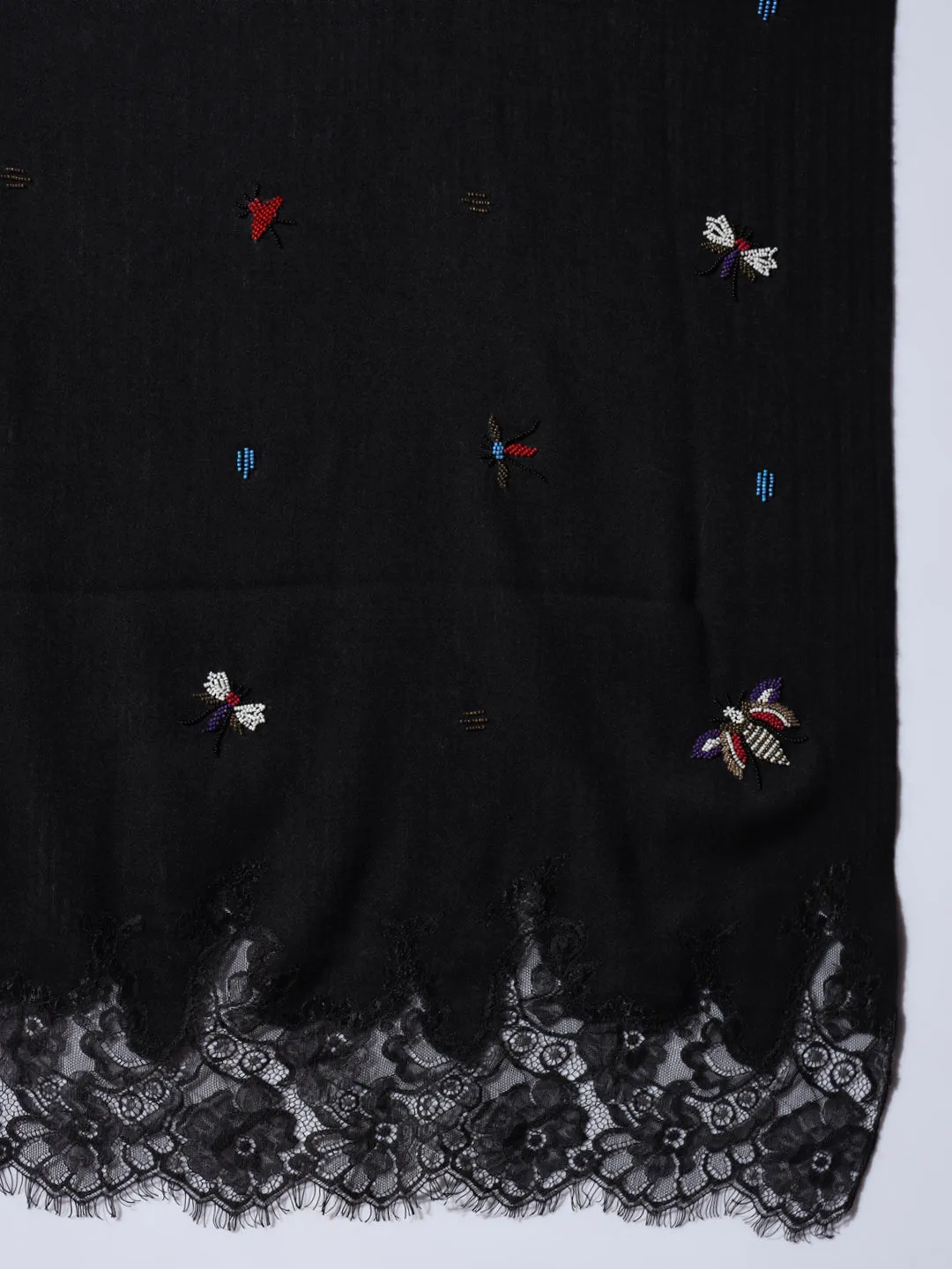 Black Shawl with butterfly hand embroidery and lace