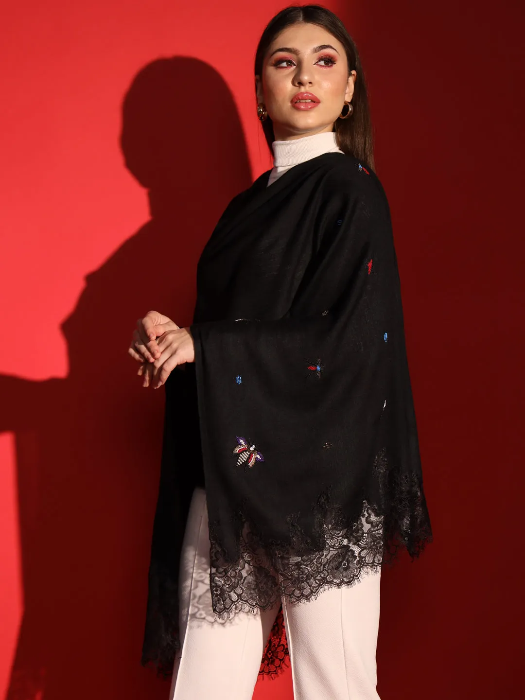Black Shawl with butterfly hand embroidery and lace