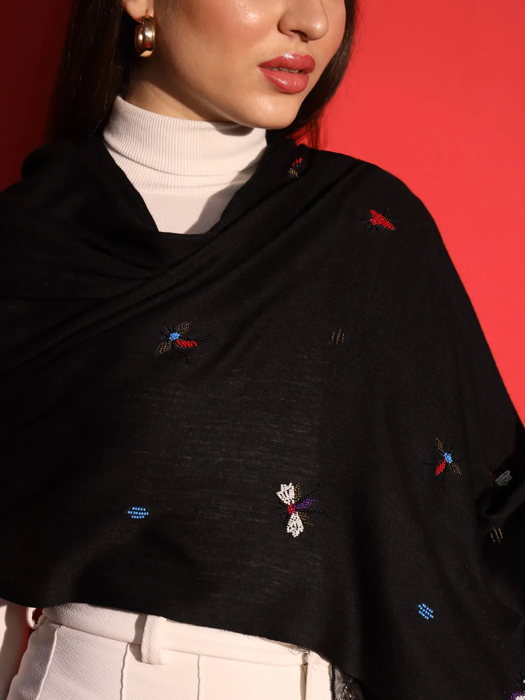 Black Shawl with butterfly hand embroidery and lace