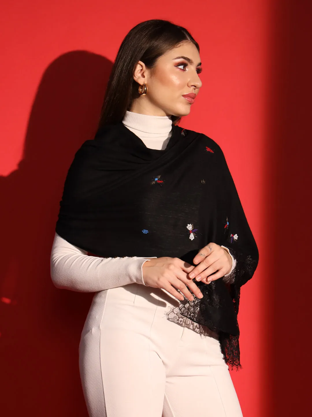 Black Shawl with butterfly hand embroidery and lace