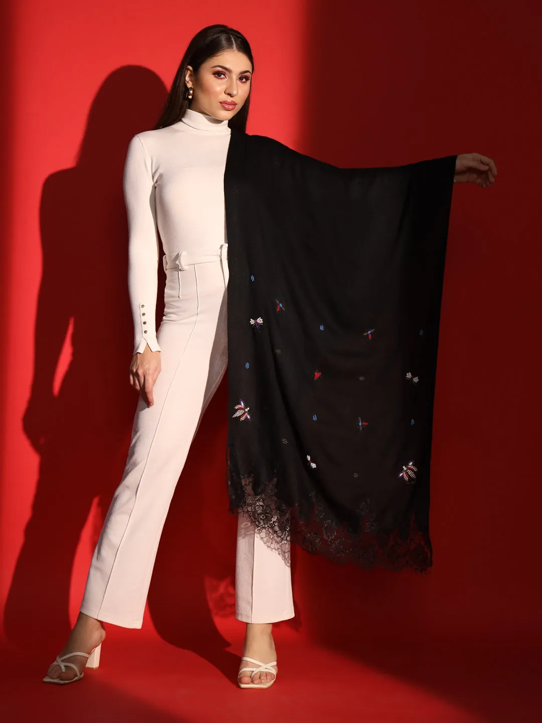 Black Shawl with butterfly hand embroidery and lace