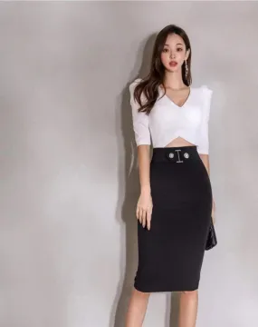 Black Two Buttons Buckle Pencil Skirt