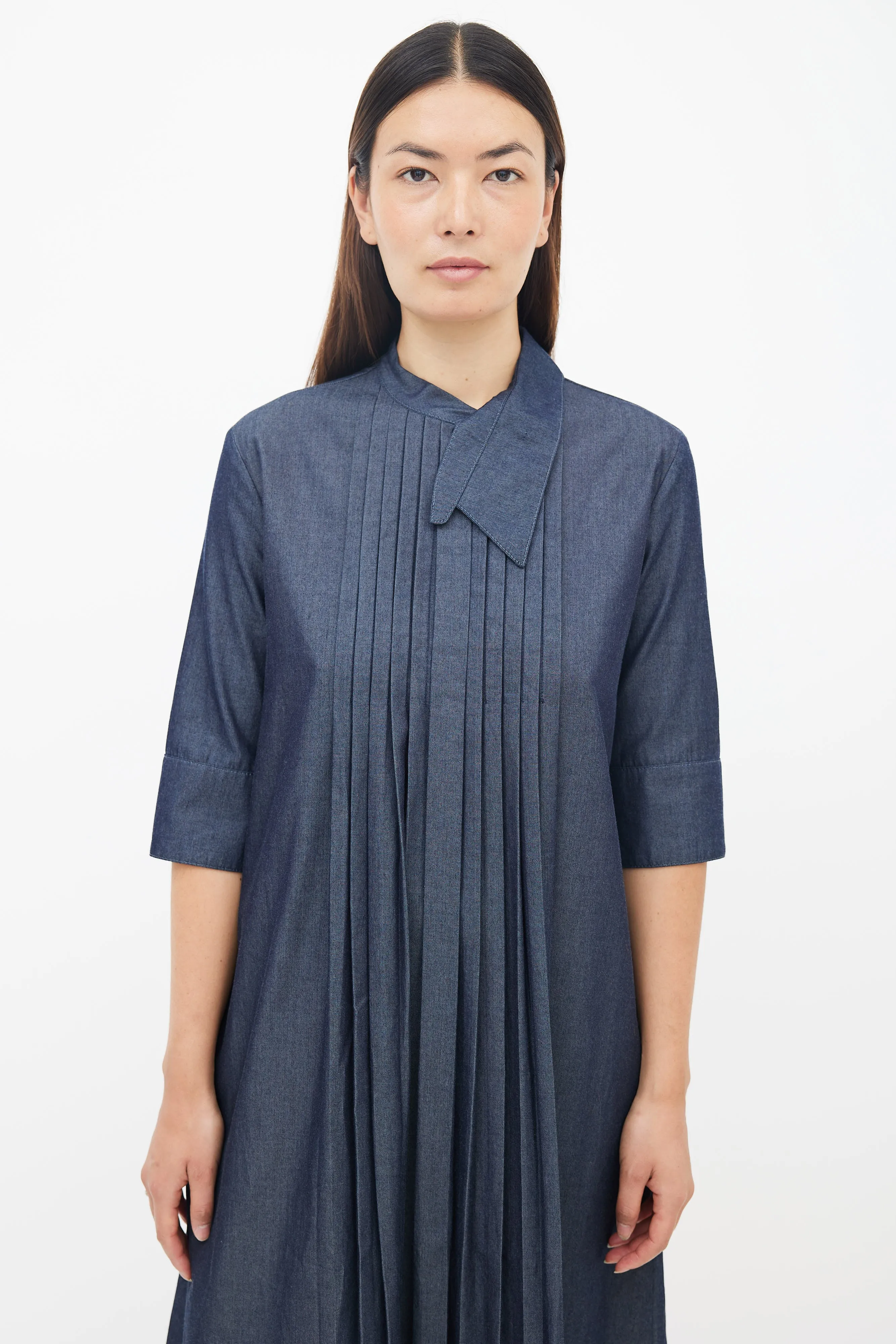 Blue Cotton Pleated Midi Dress