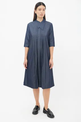Blue Cotton Pleated Midi Dress