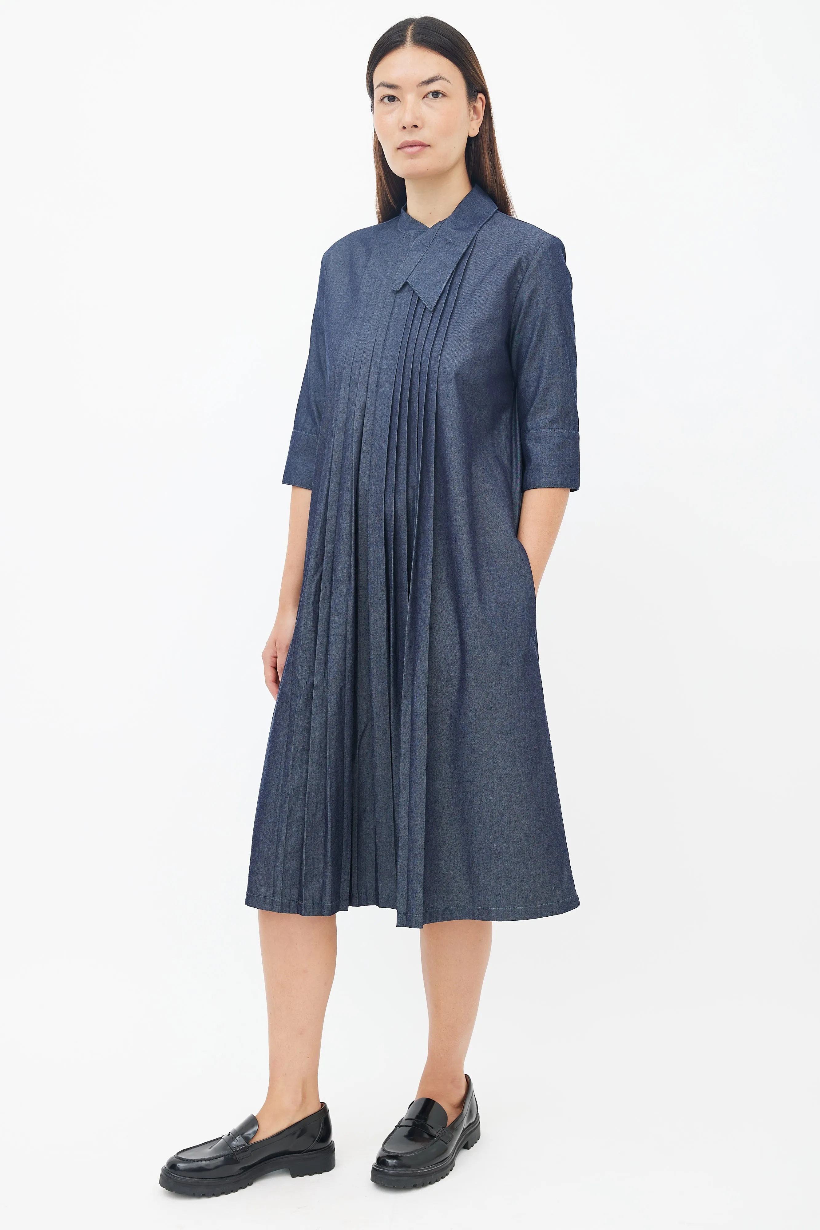 Blue Cotton Pleated Midi Dress