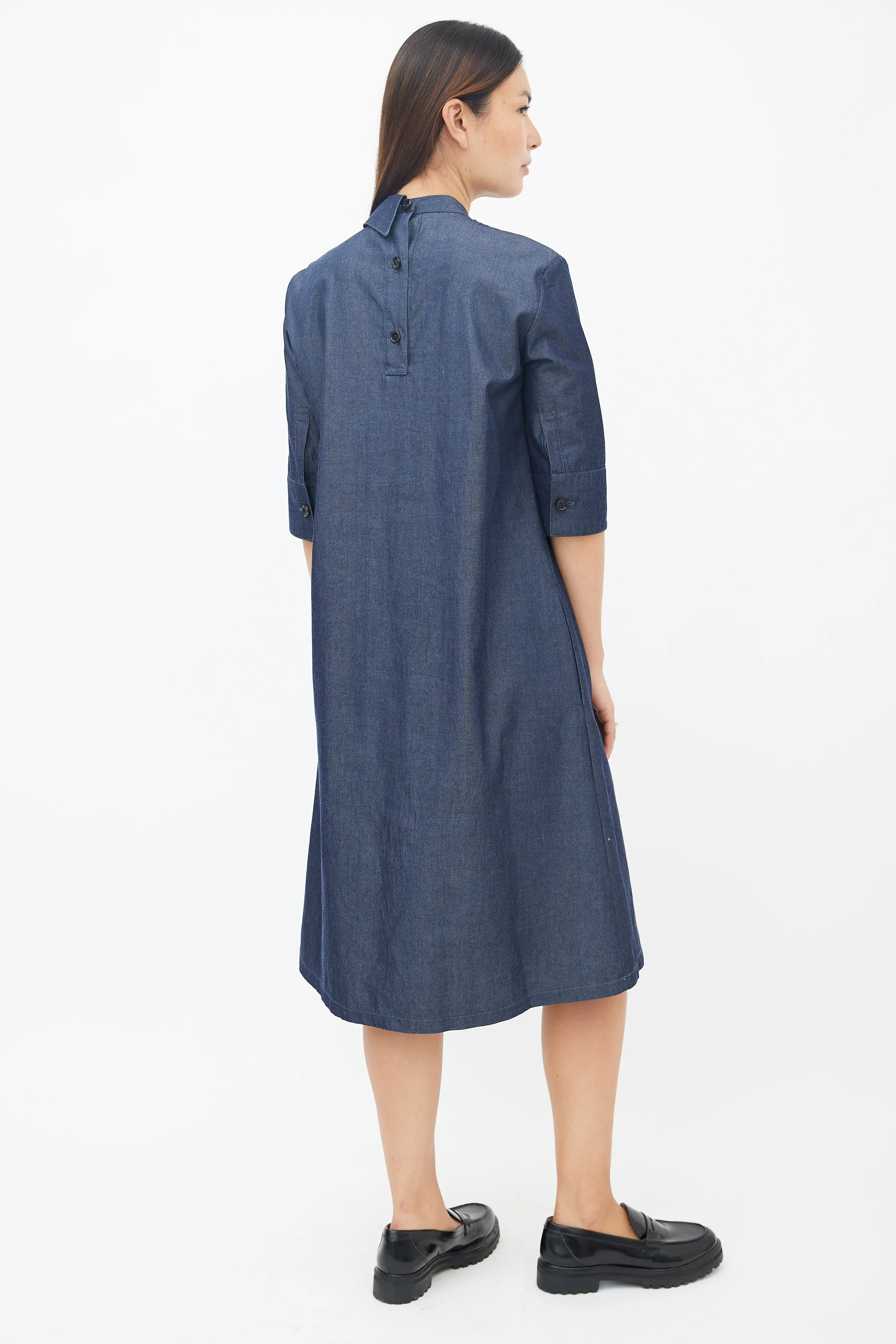 Blue Cotton Pleated Midi Dress