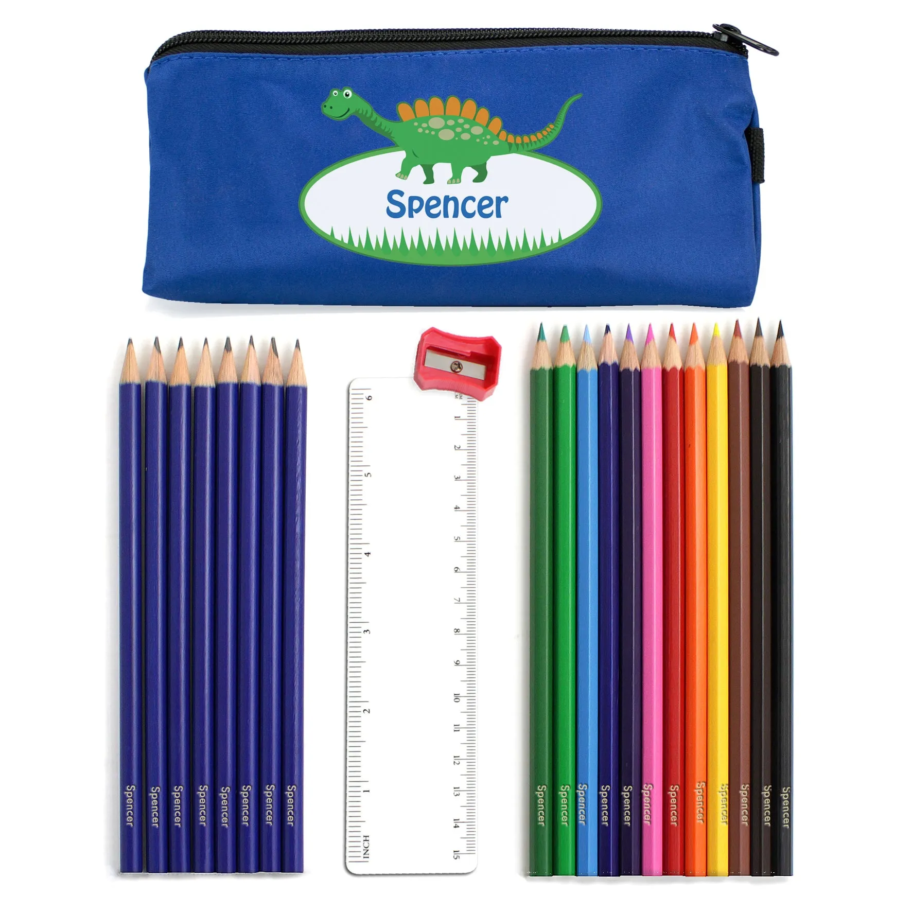 Blue Dinosaur Pencil Case with Personalised Pencils  (MRK-iD)
