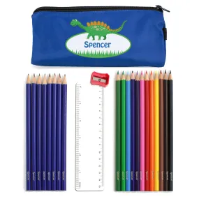 Blue Dinosaur Pencil Case with Personalised Pencils  (MRK-iD)