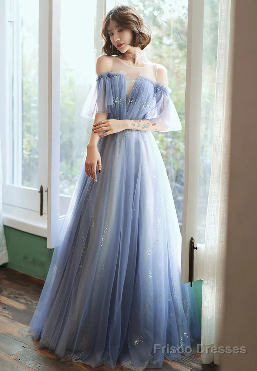 Blue Tulle Long A-Line Prom Dresses, Blue Evening Dresses