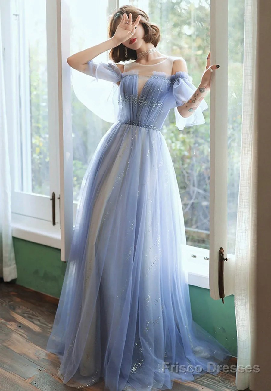 Blue Tulle Long A-Line Prom Dresses, Blue Evening Dresses