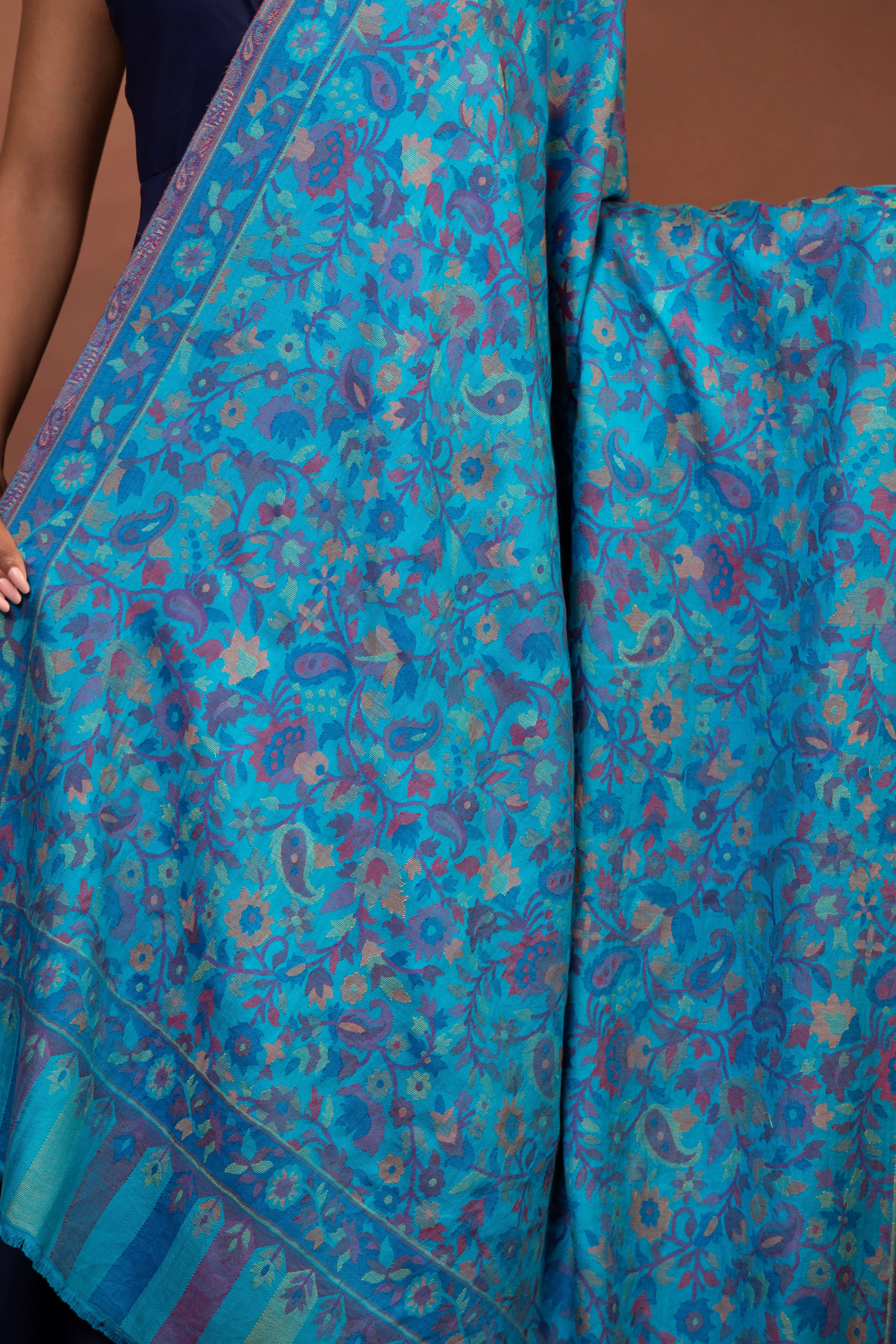 Blue Viscose Embroidered Women's Shawl with Striped Border