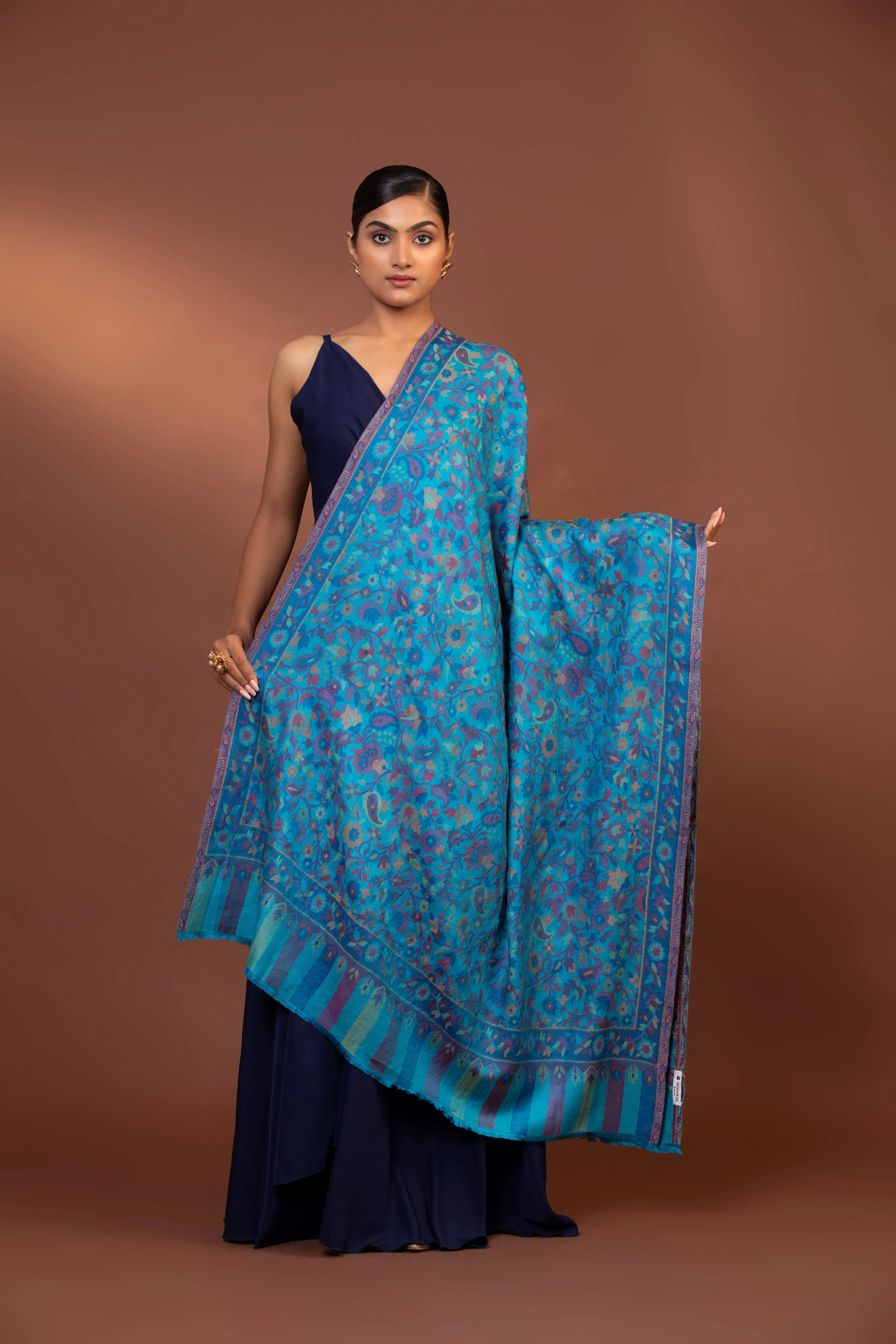 Blue Viscose Embroidered Women's Shawl with Striped Border