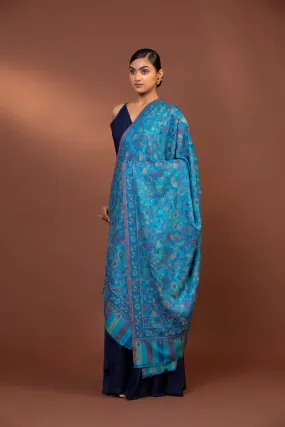 Blue Viscose Embroidered Women's Shawl with Striped Border