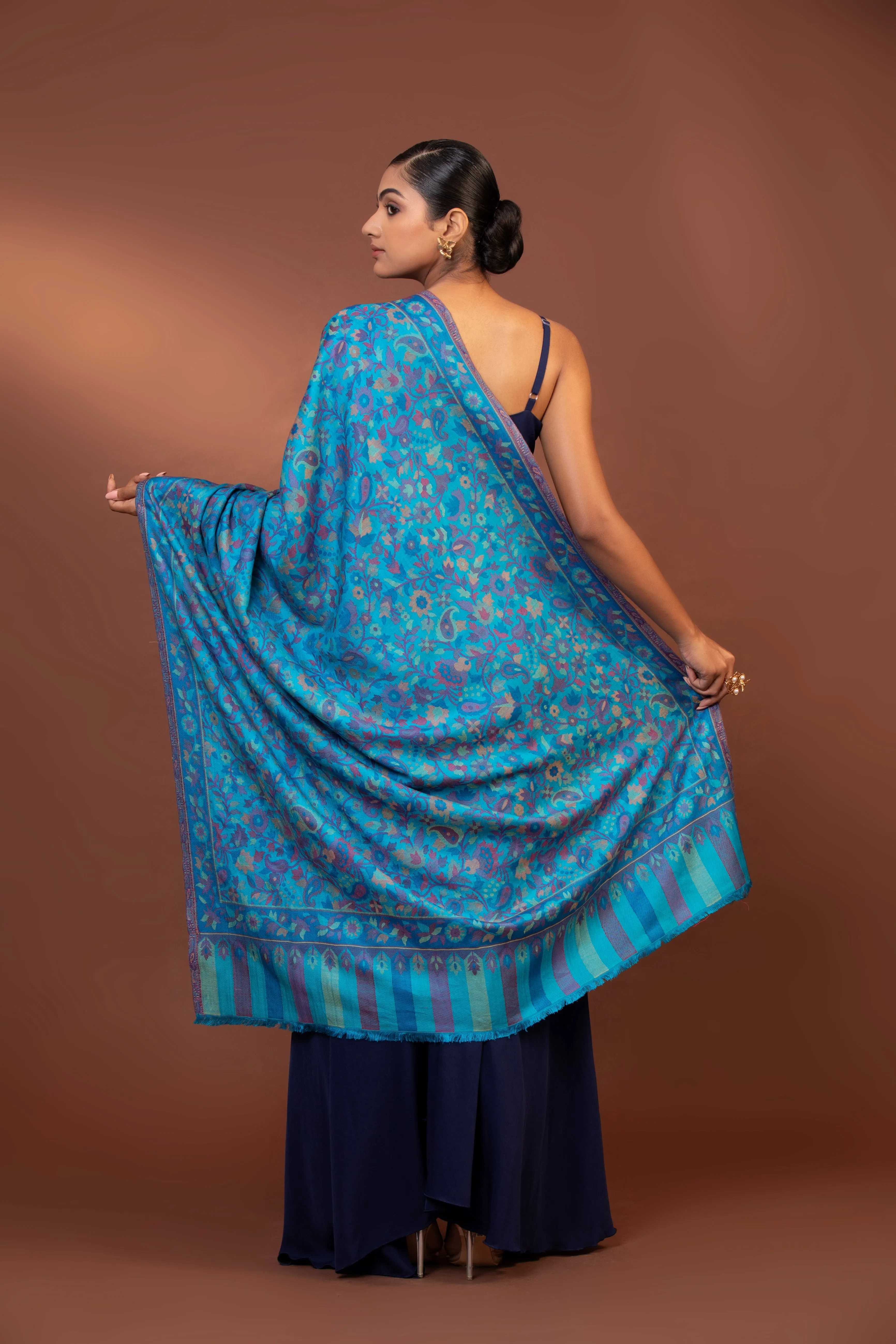 Blue Viscose Embroidered Women's Shawl with Striped Border