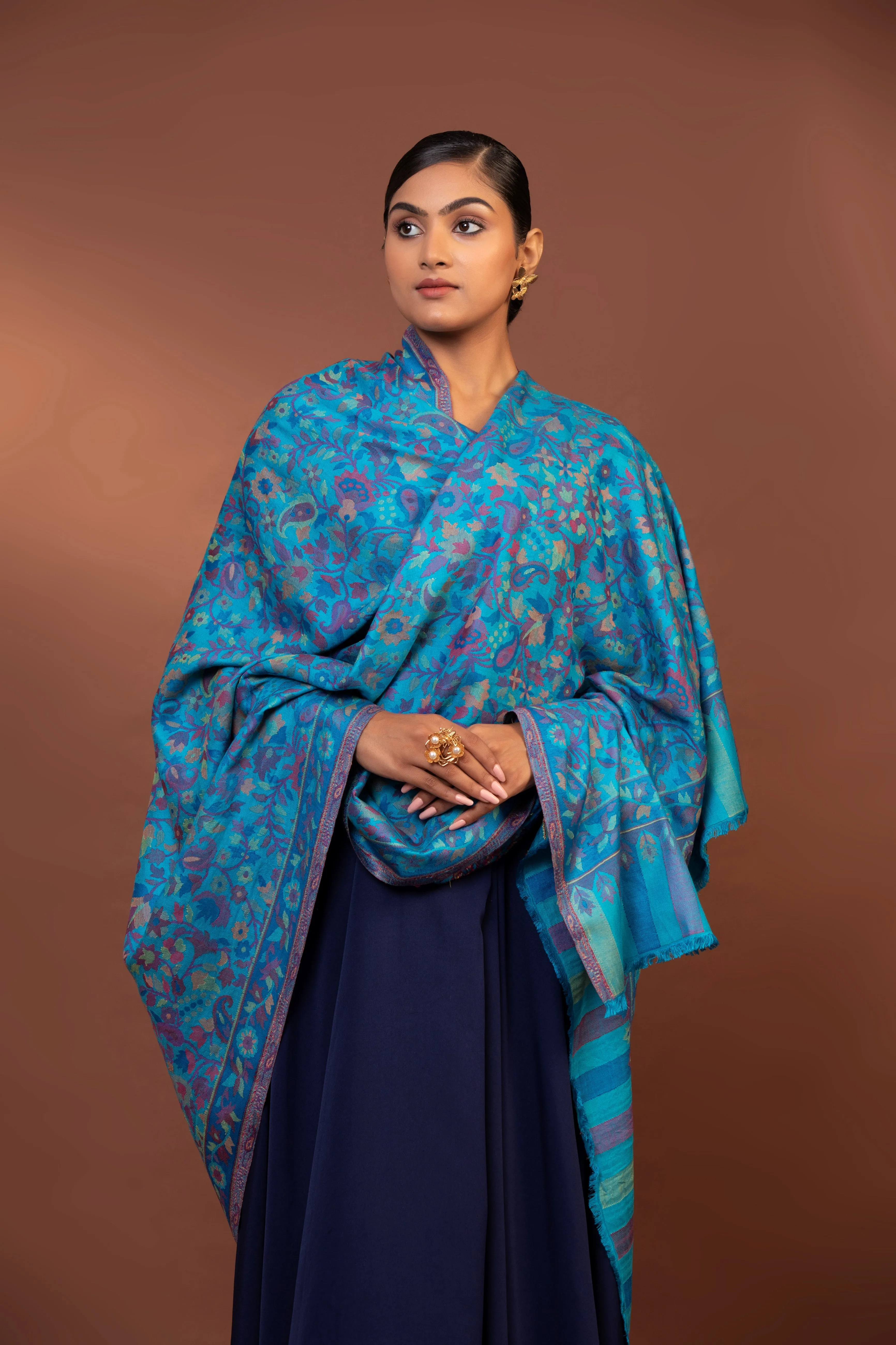 Blue Viscose Embroidered Women's Shawl with Striped Border