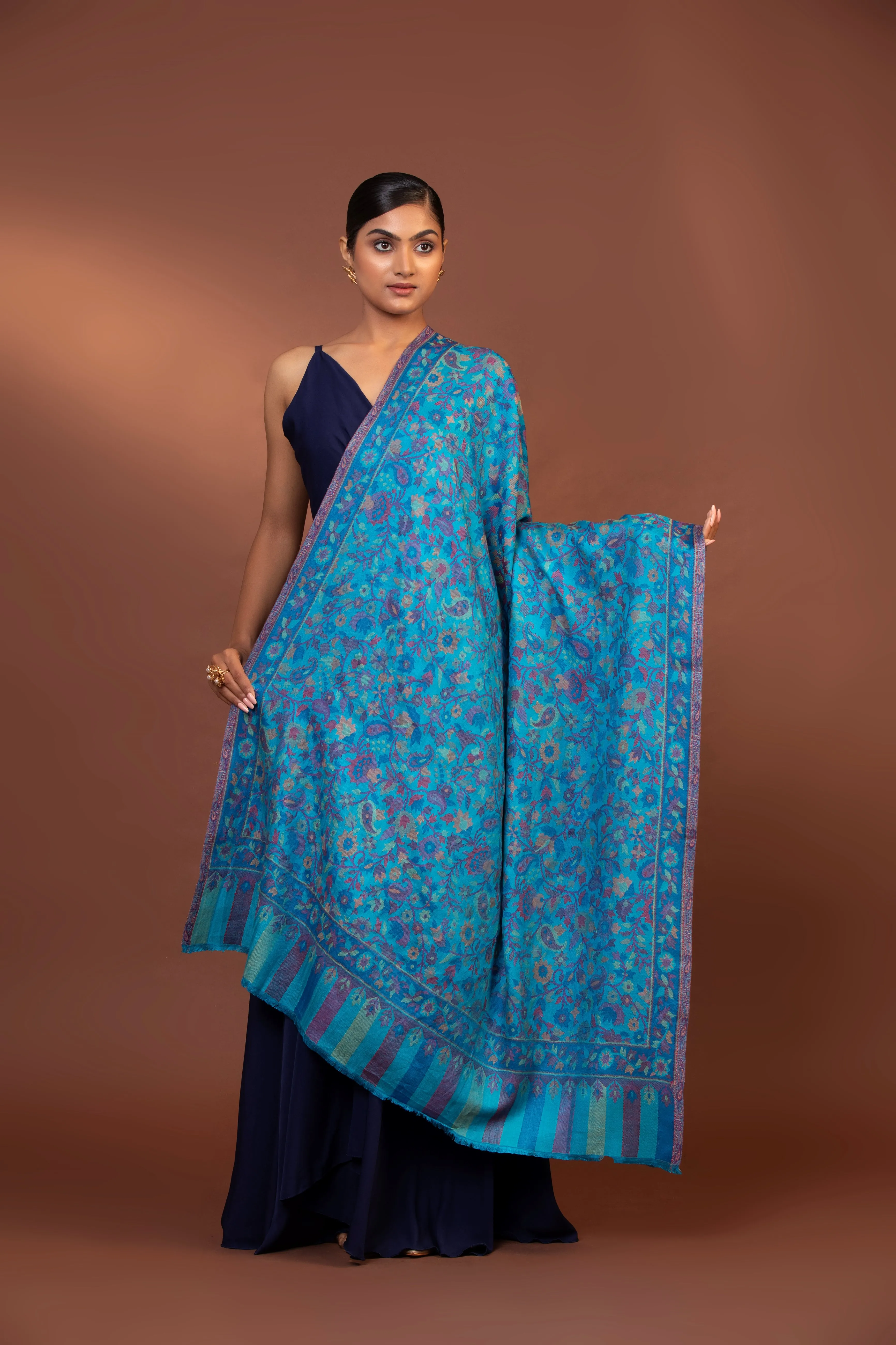 Blue Viscose Embroidered Women's Shawl with Striped Border
