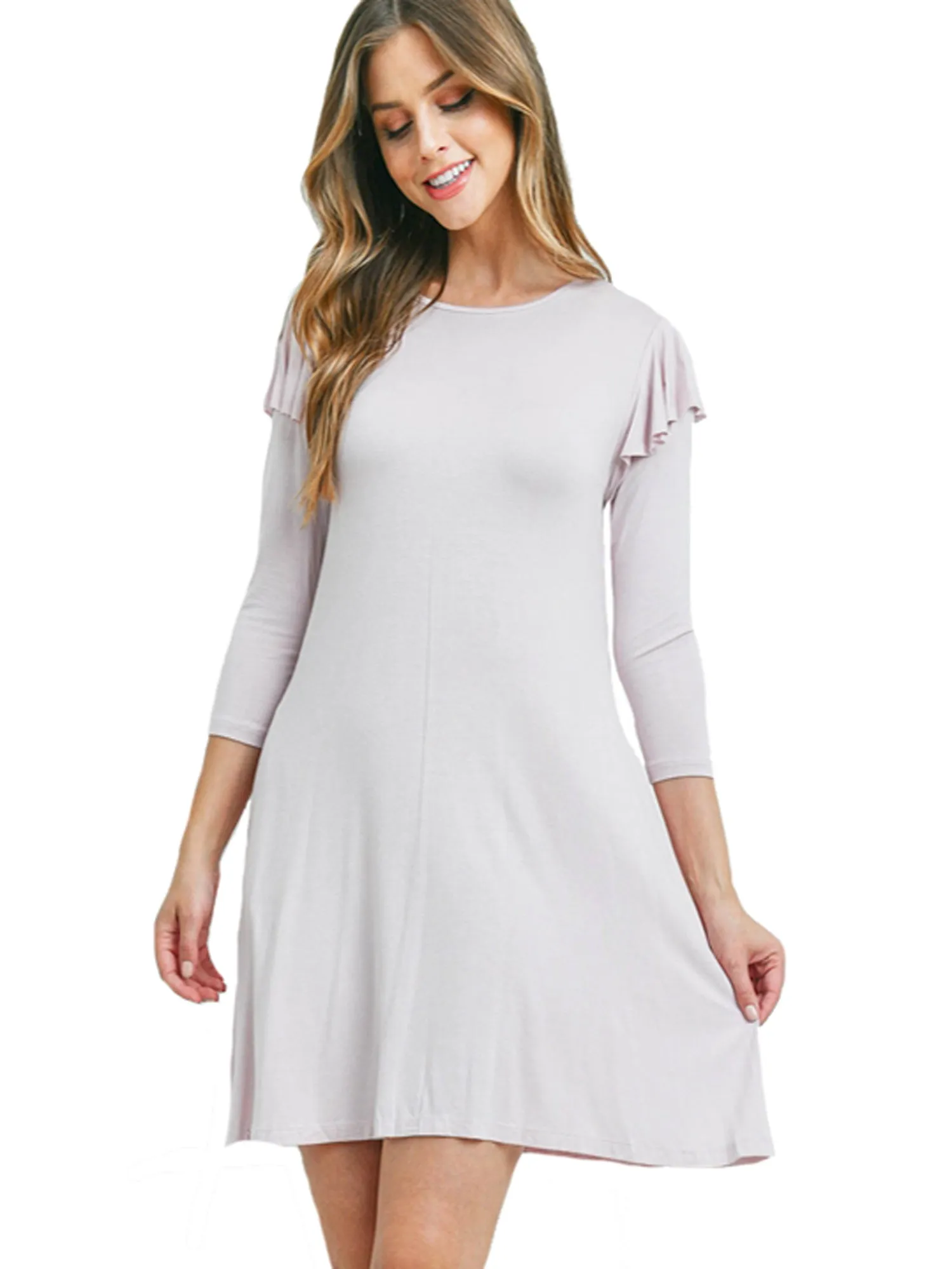 Blush Pink Ruffled Shoulder Dress With Three Quarter Sleeves