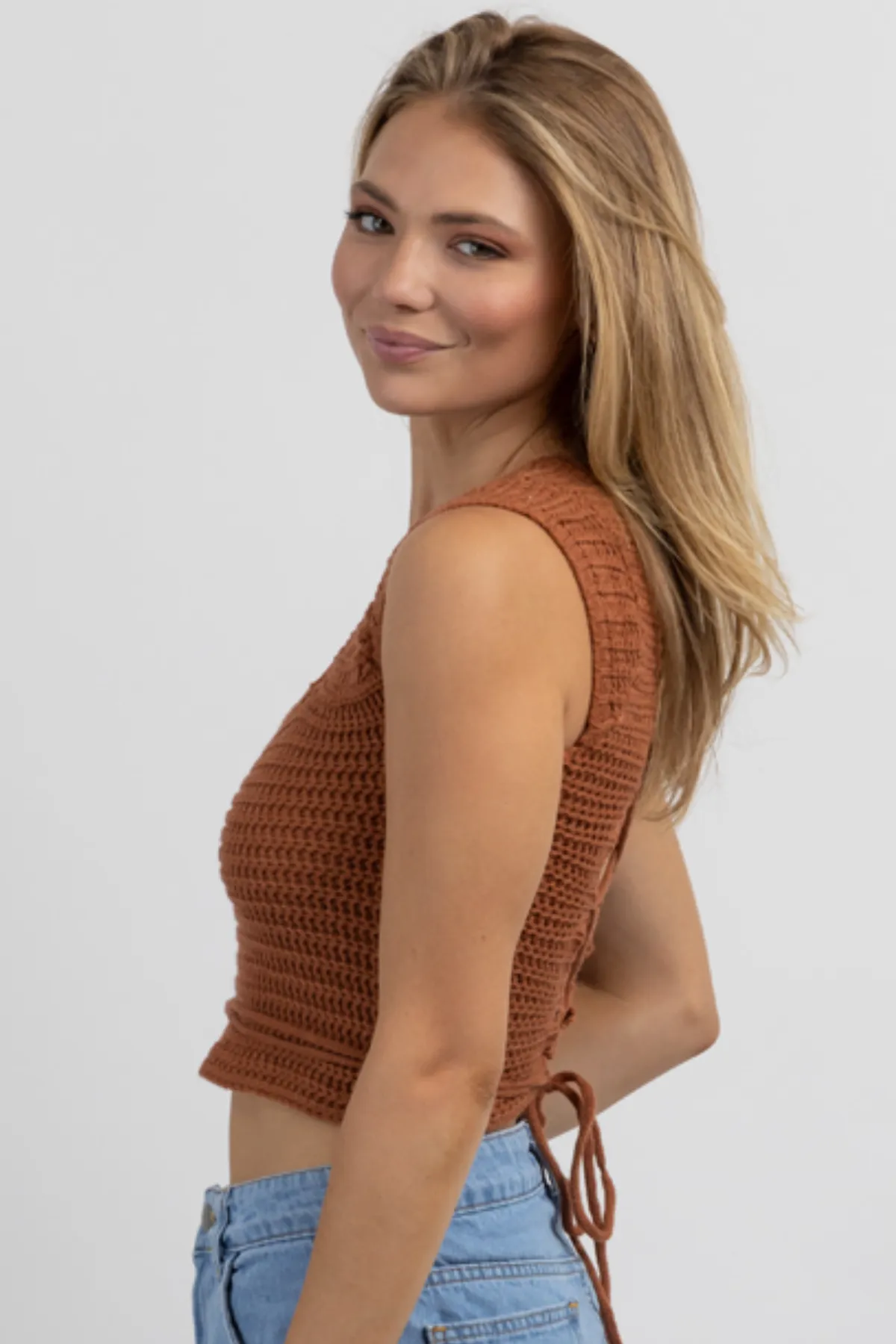 CAMEL CROCHET CROSS-TIE CROP TOP