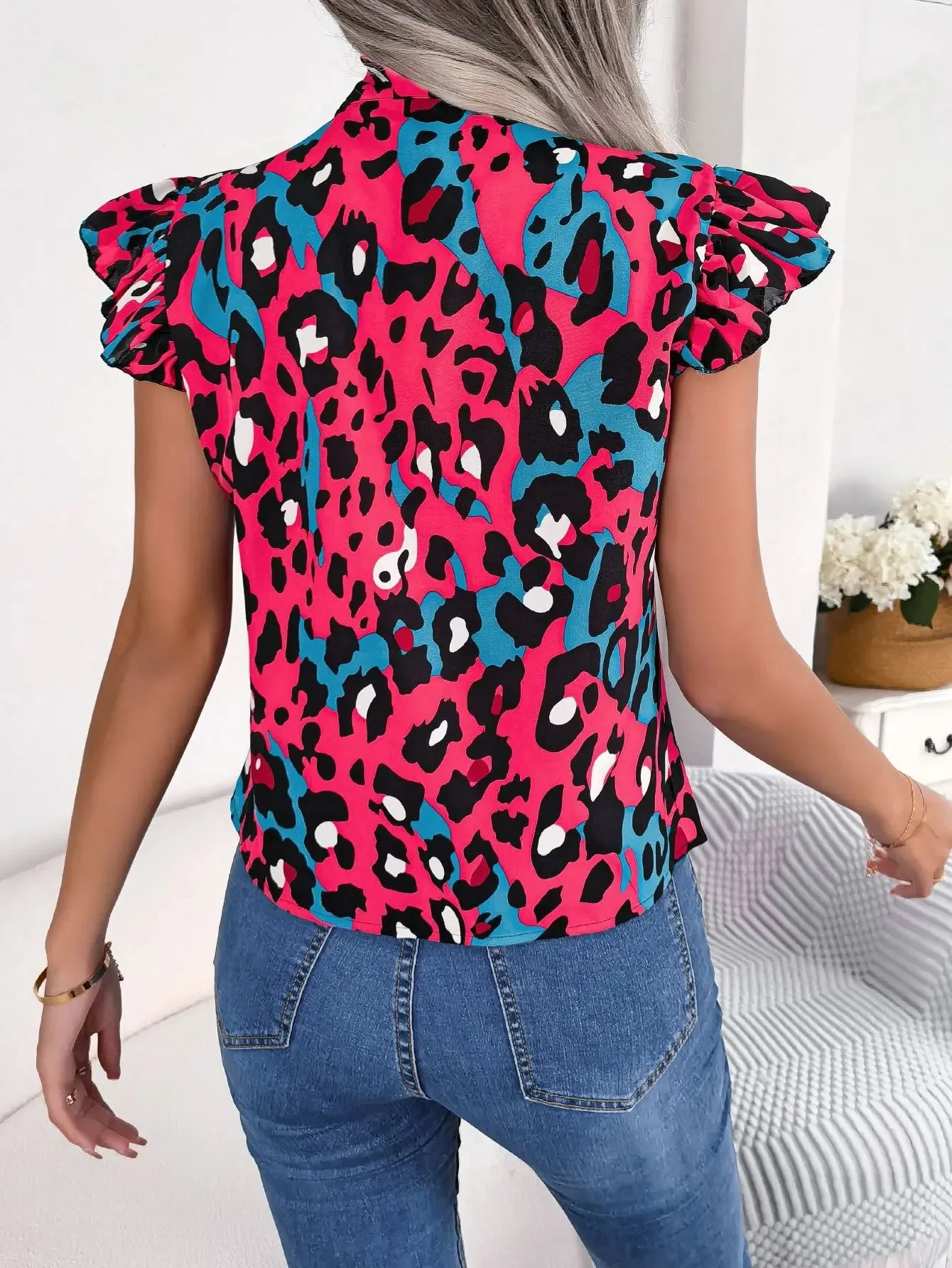 Casual Leopard Print Lace Up Ruffles Chiffon Fashion Summer Bow Tie V neck Blouse